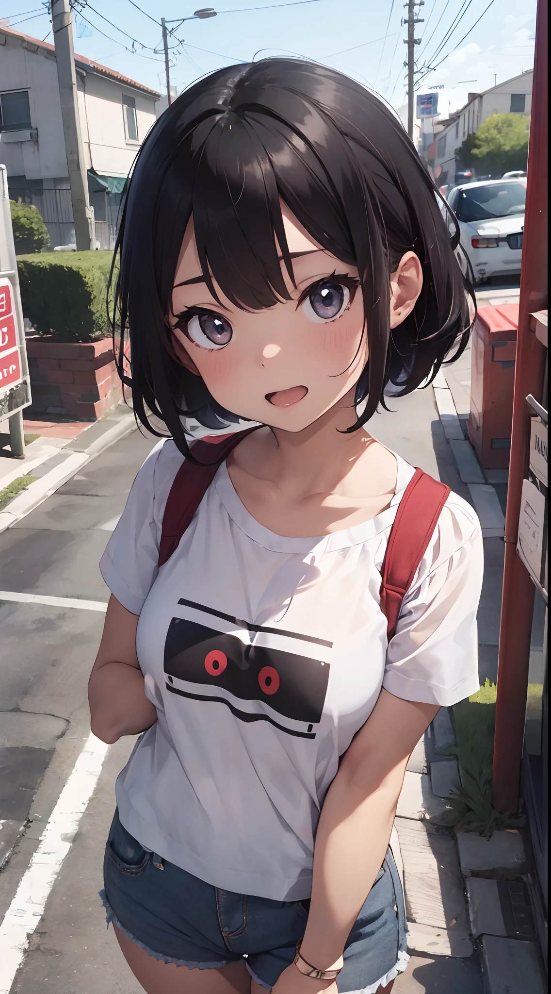 A girl who came to buy condoms、Oversized open T-shirt、shorts、Drug store、detailed background、blush、embarrassed face、(dripping sweat、oil skin,sparkling skin、realistic skin texture、detailed beautiful skin、shiny skin、shiny skin)、店内、レジに並んで、
