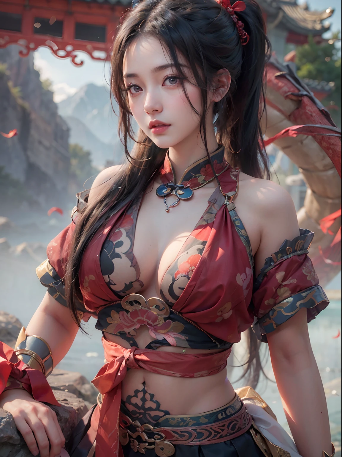 nsfw, 1girl, nude, (masterpiece: 1.4), (8K, realistic, raw photo, best quality: 1.4), skirtlift, standing on mountain top, nipple areola shape clear, beautiful breasts, Chinese girl, beautiful cute face, (real face: 1.4), perfect pussy, bottom_view, beautiful hairstyle, realistic brown eyes, beautiful detail eyes, (real skin: 1.3), beautiful skin, attractive, ultra high resolution, ultra realistic, cinematic lighting, black colored hair, long hair, twin ponytails, red ribbons, ancient China, Chinese mythology, dragon