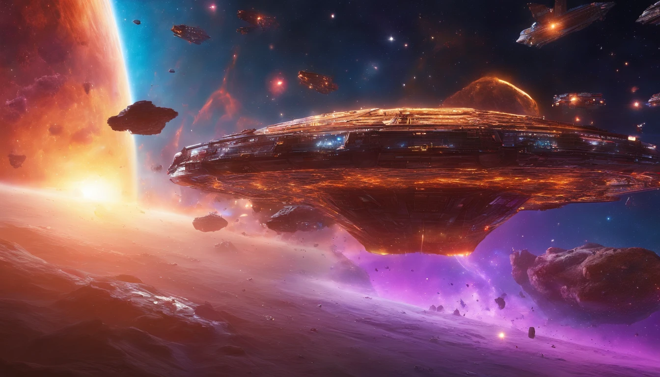 stars, space, nebula, open space, galaxy, blue and purple tones, space opera, greatness, eternity, calm, hyperrealism, spaceships. space battle, explosions, fighter, bombers, lasers, battleships, fire, space fleet, epic battle