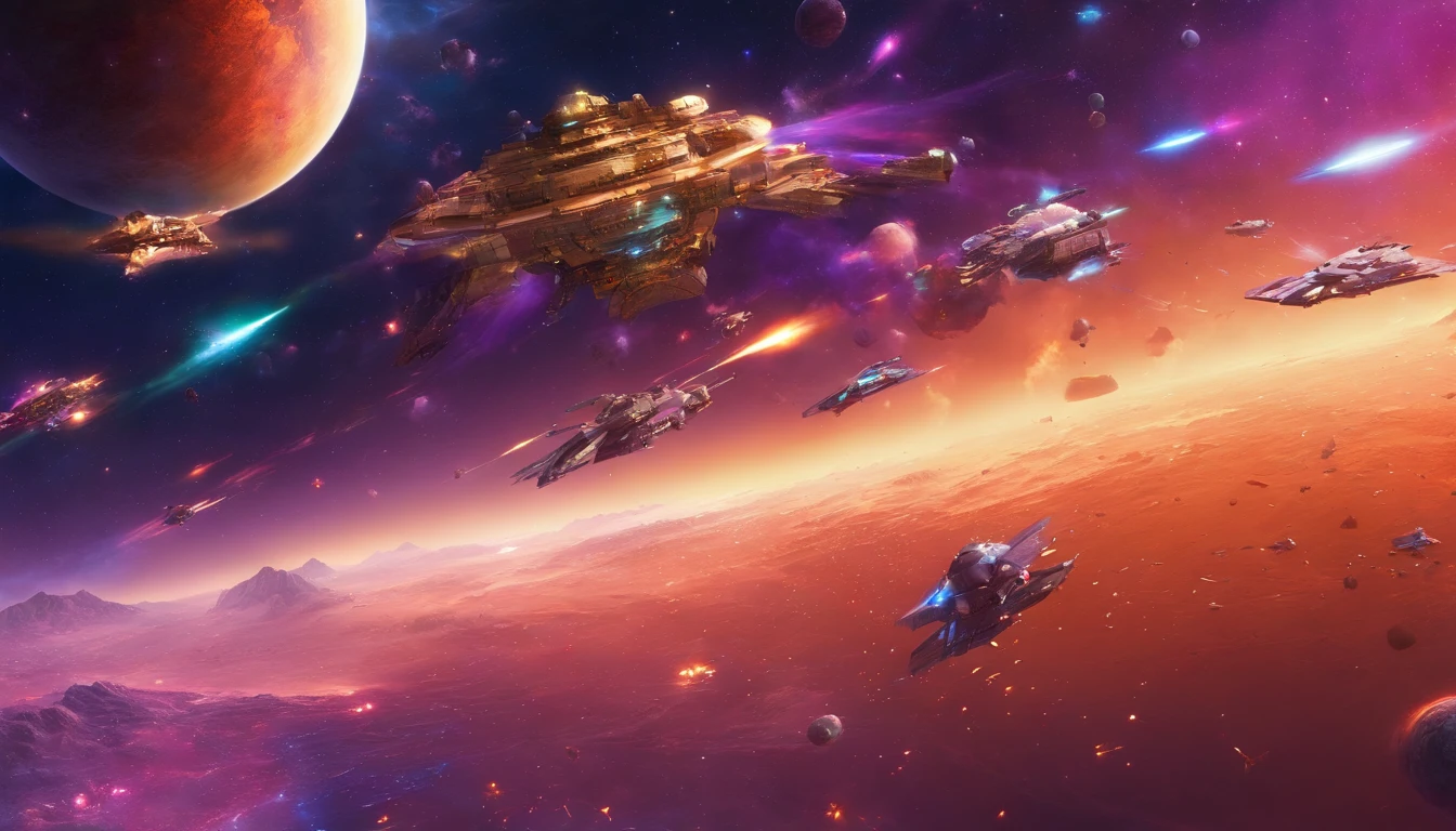 stars, space, nebula, open space, galaxy, blue and purple tones, space opera, greatness, eternity, calm, hyperrealism, spaceships. space battle, explosions, fighter, bombers, lasers, battleships, fire, space fleet, epic battle