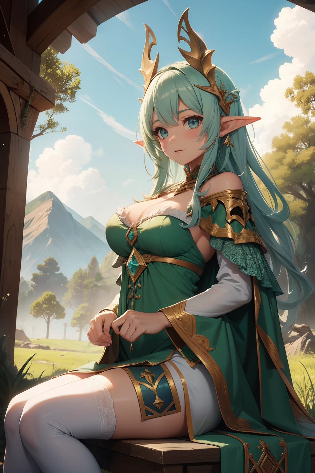 Hermosa chica elfa, orejas de elfo, armadura elfica, sonrojarse, prado verde, cielo, nubes, sol, espada.