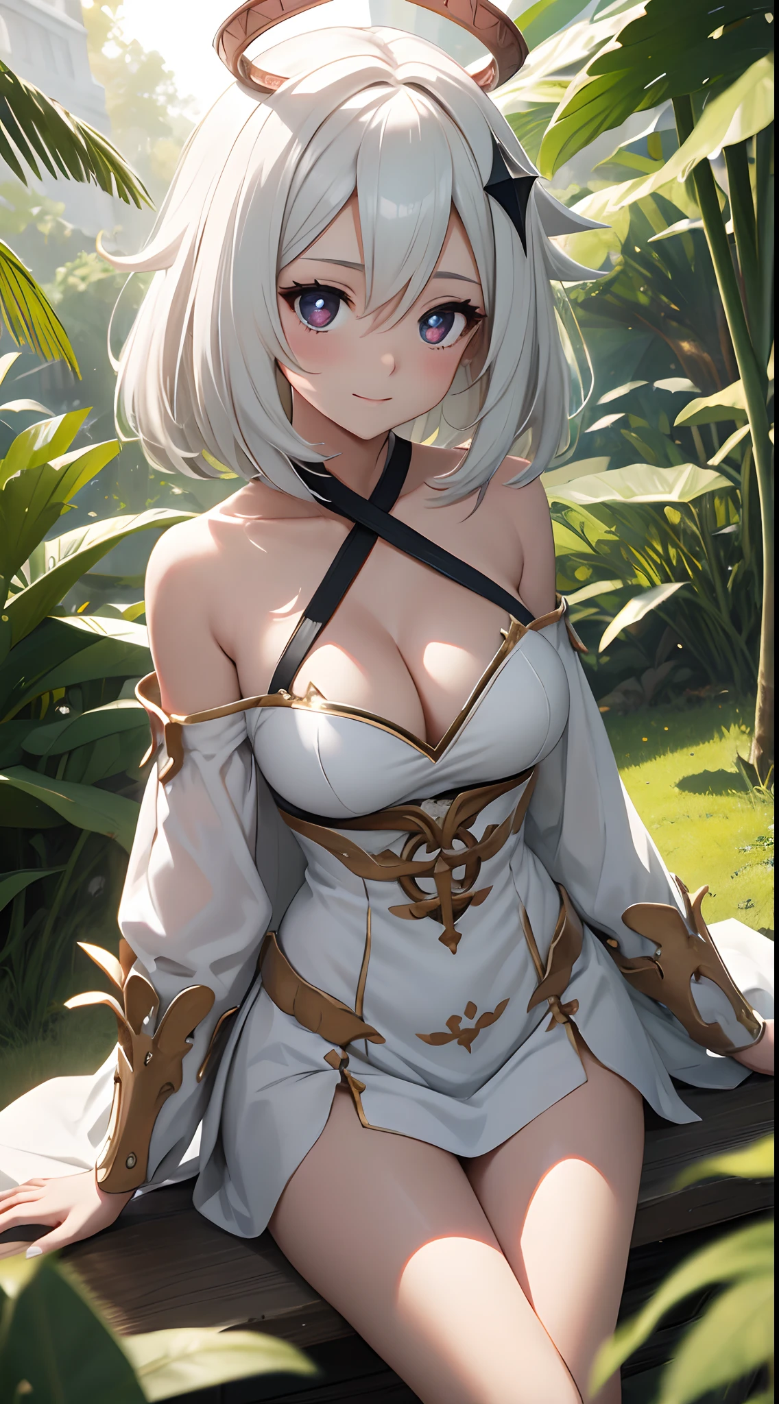 one-girl，the original god，Paimon，cleavage，Be red in the face，Close-up shot，sportrait，looks into camera，ssmile，White clothes，mediuml breasts，jungles，grass field