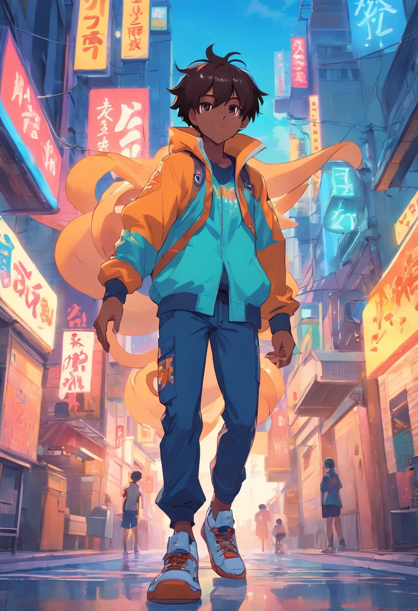 Monster Boy, Caramel Brown skin Black boy moor, Bald Hairstyle, Streetwear, Full Slime Body, colors neon, risa loca, malvada