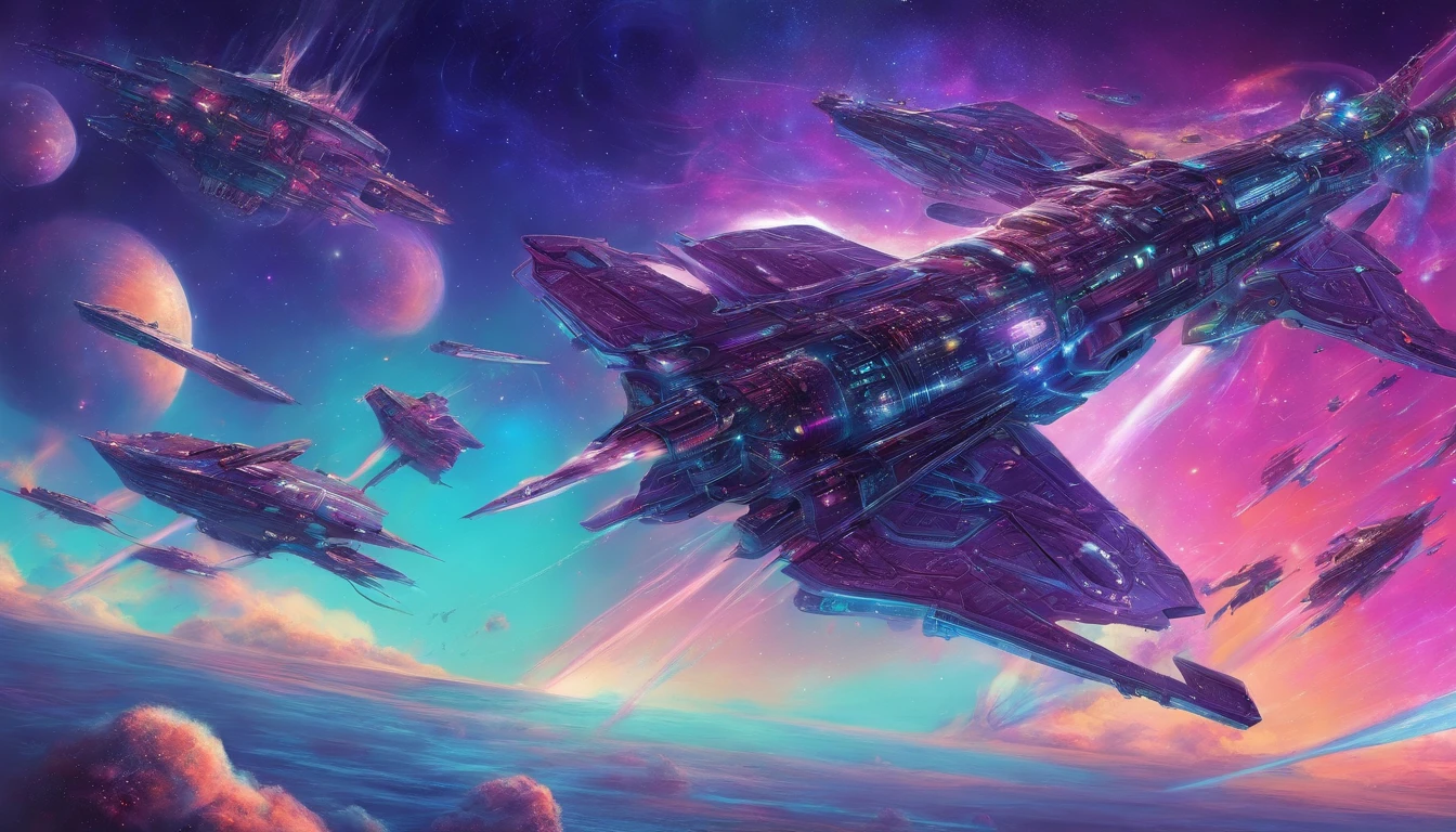 stars, space, nebula, open space, galaxy, blue and purple tones, space opera, greatness, eternity, calm, hyperrealism, spaceships. space battle, explosions, fighter, bombers, lasers, battleships, fire, space fleet, epic battle