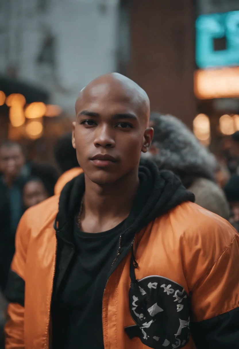 Monster Boy, Caramel Brown skin Black boy moor, Bald Hairstyle, Streetwear, Full Slime Body, colors neon, risa loca, malvada