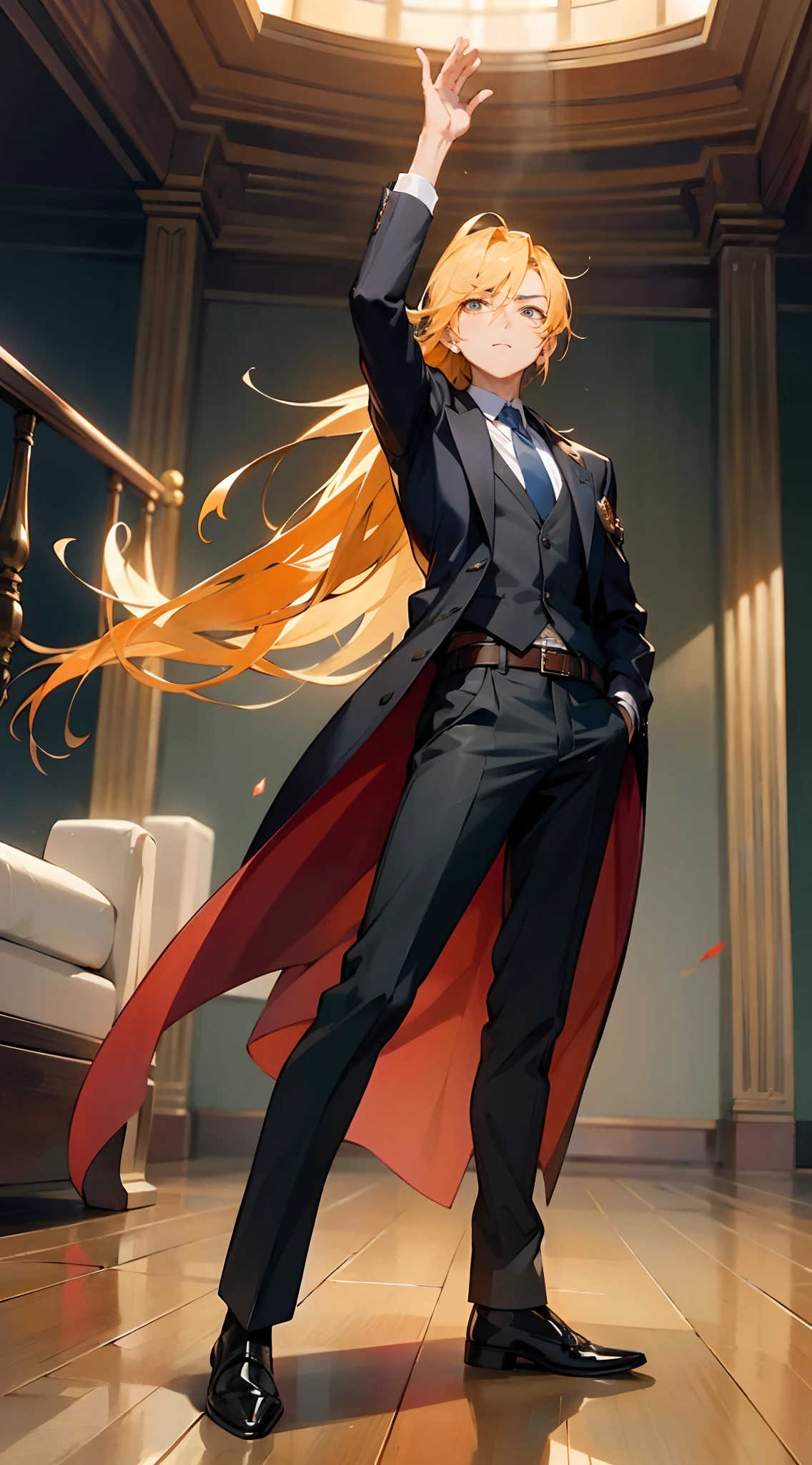 A man with long orange-yellow hair, neatly combed back, leaving a long tuft of bangs, he has slender eyebrows, sharp and intelligent eyes, his face is elongated and lean, he wears a dark Western-style fitted suit, a sleeveless long overcoat on top, a belt wraps around his waist, he wears loose trousers, stands in a luxurious Chinese-style hall, displaying a dignified expression, exuding a powerful aura, emanating a radiant fighting spirit, this character embodies a finely crafted fusion of Eastern and Western influences in a wise and sophisticated in anime style, characterized by a sophisticated and mature manga illustration art style, full body character drawing, high definition, best quality, highres, ultra-detailed, ultra-fine painting, extremely delicate, professional, anatomically correct, symmetrical face, extremely detailed eyes and face, high quality eyes, creativity, RAW photo, UHD, 8k, Natural light, cinematic lighting, masterpiece:1.5