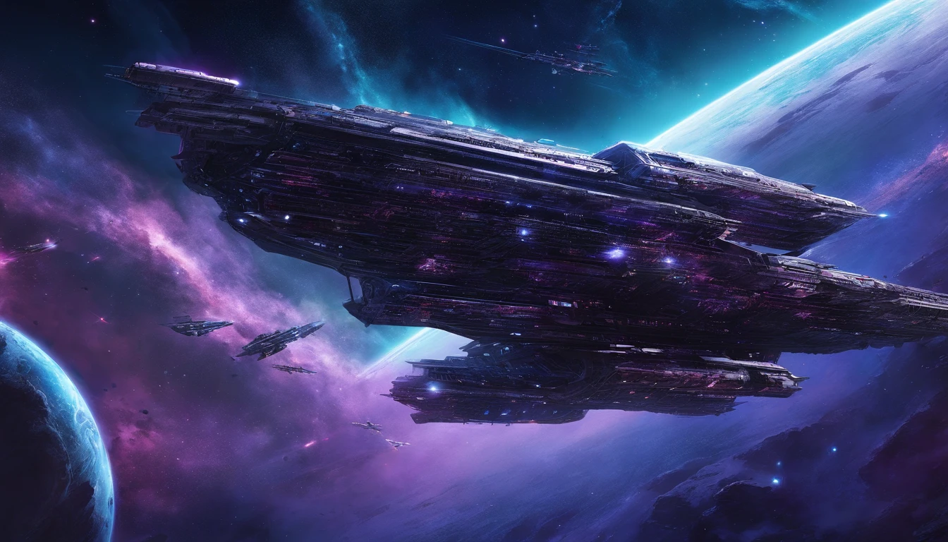 stars, space, nebula, open space, galaxy, blue and purple tones, space opera, greatness, eternity, calm, hyperrealism, spaceships. space battle, explosions, fighter, bombers, lasers, battleships, fire, space fleet, epic battle