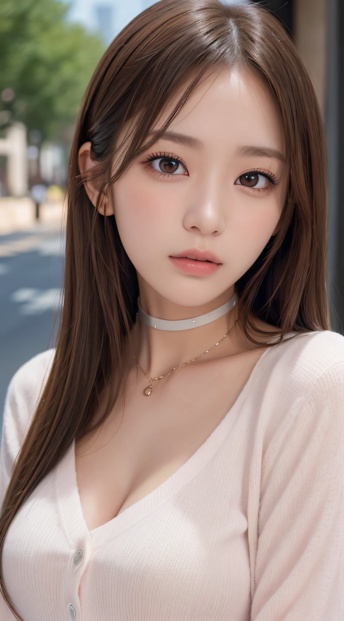 half-body photo of a korean girl, (Perfect beauty:1.37), ((platinum brown hair)), medium(((perfect natural breasts))), cleavage, 
sexy collarbone, oval face, double eyelids, smart peach blossom eyes, pink lips, small nose, bangs, earrings, lace choker, 
bare shoulders, strapless(black short dress), (Outdoor, Night:1.125), Park view, Super fine face, Fine eyes, Double eyelids, 
(Clear focus), (Realistic lighting, Best quality, 8K, Masterpiece: 1.43),