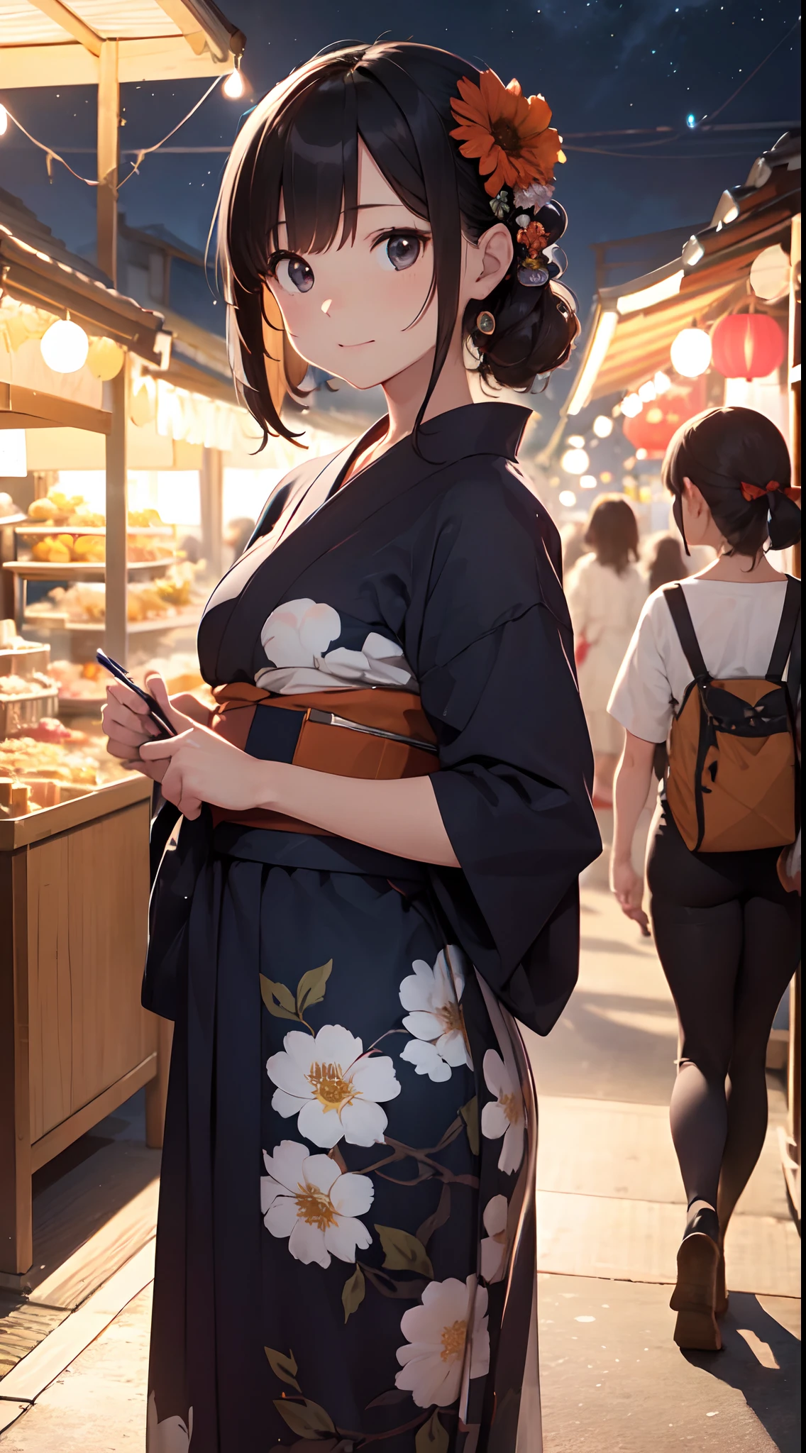 Quality improvement、hightquality、１６Ｋwall-paper、Masterpiece、Meticulous portrayal、Detailed down to the smallest detail、intricate detailes、Backgrounds with depth、Three-dimensional background、Official Art、Best Illustration Award Winner、Effect with people standing out、The best rendition、人物：Two women and one man in yukata、Smiling and walking together、Women in colorful yukata with floral patterns and polka dots、Men wear dark blue yukata、There are also small items such as hair ornaments and lanterns Background：Fireworks are set off in the night sky、A lively summer festival with food stalls and lanterns、You can feel the atmosphere of crowds and festivals Impact：The color and shape of the fireworks are different々Eye-catching with、The facial expressions and poses of the people are fun and empathetic.、The details of the stalls and lanterns are detailed and realistic.、Beautiful contrast between light and shadow