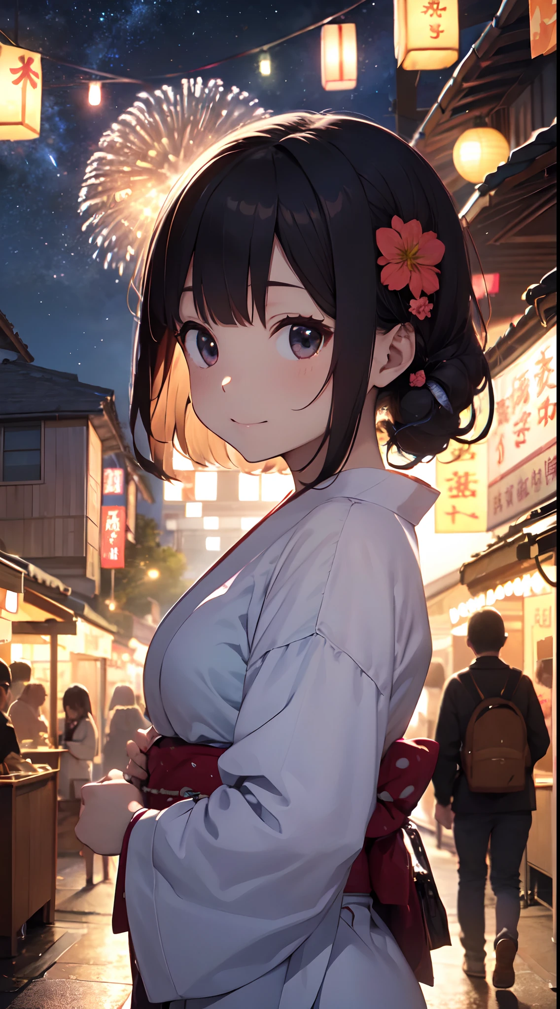Quality improvement、hightquality、16Kwall-paper、Masterpiece、Meticulous portrayal、Detailed down to the smallest detail、intricate detailes、Backgrounds with depth、Three-dimensional background、Official Art、Best Illustration Award Winner、Effect with people standing out、The best rendition、人物:Two women and one man in yukata、Smiling and walking together、Women in colorful yukata with floral patterns and polka dots、Men wear dark blue yukata、There are also small items such as hair ornaments and lanterns Background:Fireworks are set off in the night sky、A lively summer festival with food stalls and lanterns、You can feel the atmosphere of crowds and festivals Impact:The color and shape of the fireworks are different々Eye-catching with、The facial expressions and poses of the people are fun and empathetic.、The details of the stalls and lanterns are detailed and realistic.、Beautiful contrast between light and shadow