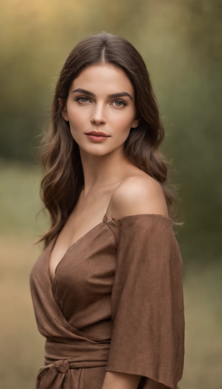 "An extraordinary masterpiece, com detalhes intrincados, capturing the essence of the absurd (+1.2 Boost to creativity). Uma foto hipnotizante de uma garota sorridente, foto do rosto, rosto super detalhado, ultra realista, 8k, She's standing next to a crackling campfire, vestido com um vestido marrom midi wrap."