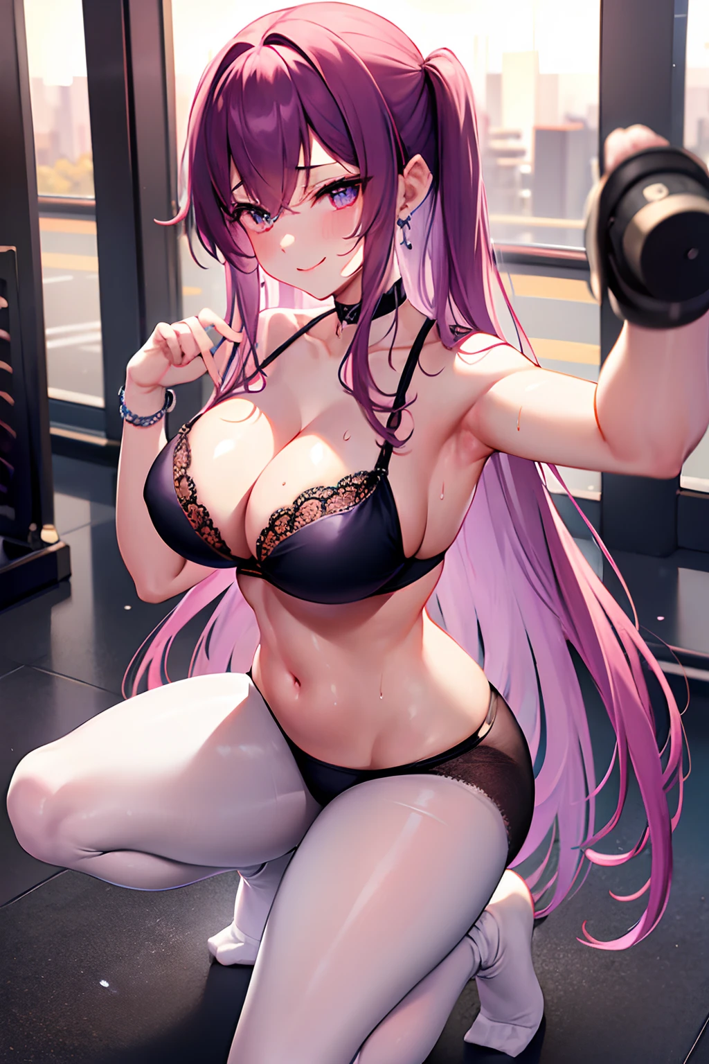 Sunset reflection fitness gym、full of sweat、Black lace Purple bra、Floral pattern White Fitness Leggings、White ankle socks、Navel Ejection、 pinkcolor Longhair Hair Retention Pin、wrist watch、Colossal tits Whip whip、sapphire earrings、is standing One leg is raised、a smile