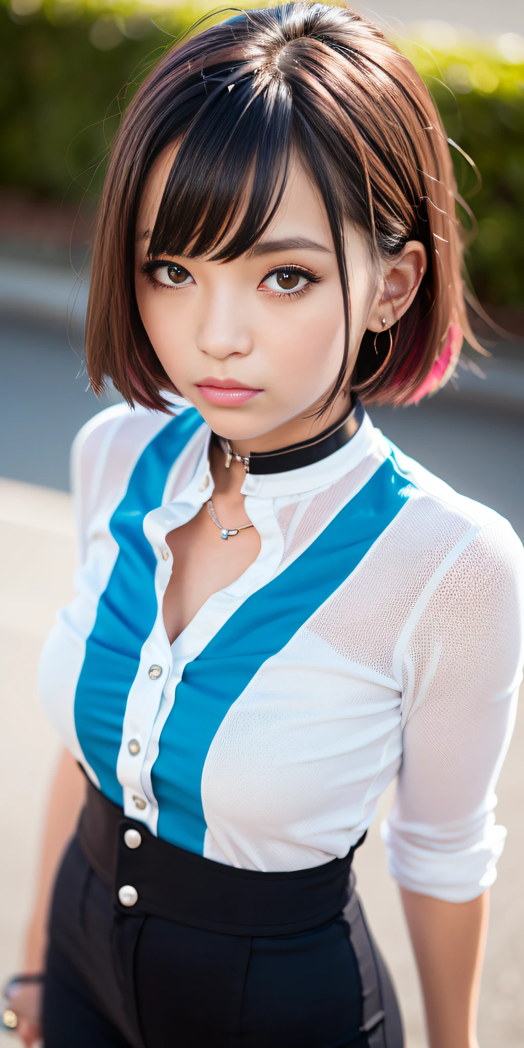 (solo 1 mujer)El personaje de anime similar a Genshin Impact, an 18-year-old Swiss human woman, con pelo rojo magenta, A beautiful and symmetrical face, feliz y sacando la punta de la lengua con orejas de gato en lugar de cuernos, ademas de super cachonda y fogosa, (con una minifalda plisada corta y azul y blanco) Futuristic mountain clothing, con un collar joya egipcio y un adorno en el muslo derecho, con antecedentes de ciudad