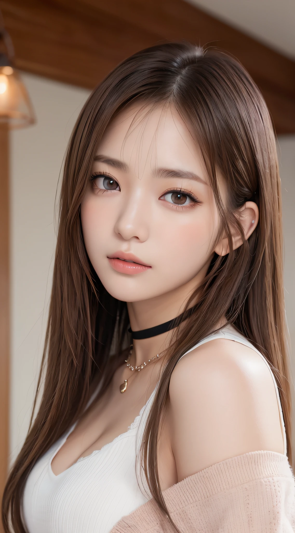 1womanl, (up of face:1.5), light brown hair, Blunt bangs, hair behind ear, hair over shoulder, Long hair, Ultra Fine Face, Thin face, Delicate lips, (beautidful eyes:1.5), thin blush, eyes are light brown,View here, Ultra-thin hands, Ultra-fine fingers, best ratio four finger and one thumb, white jaket, a choker ,(Port Area) ,One-person viewpoint,  8K, masutepiece, nffsw, Super Detail, High quality, Best Quality, hight resolution,