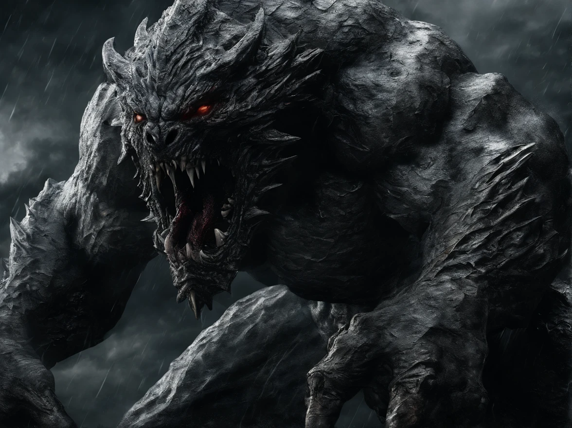 (best quality, high resolution, masterpiece: 1.2), ultra-detailed, (realistic, photorealistic, photorealistic: 1.37), stone monster, legged monster, giant open mouth, monstrous figure, strong legs, muscular legs, texture detailed, powerful presence, massive stone body, formidable creature, armlessness, sinister appearance, darkened features, unbreakable stone skin, towering over the landscape, rugged surface, irresistible strength, huge stone teeth, intimidating presence, inducing of fear, immune to attack, unstoppable force, unyielding monster, sinister guardian, guardian of stone, implacable nature, stony gaze, menacing monster, fearsome beast, petrifying creature, indestructible form, powerful structure, imposing strength, awe-inspiring vision, mythical creature, mythical guardian, fierce expression, frightening figure, legendary protector, darkened face, enormous jaw, solid stone, unbreakable form, executor of ancient power, muscular presence, majestic appearance, intense power, helpless face, lack of appendages