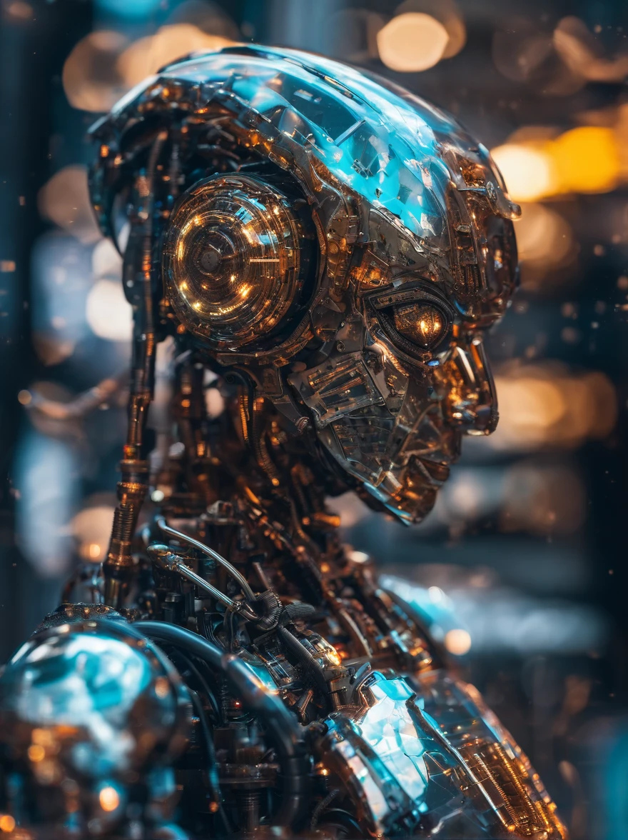 Portrait photo of transparent camo worn mech suit, ((light bokeh)), intricate, ((translucent) liquid water [rust]), elegant, sharp focus, photo by greg rutkowski, soft lighting, vibrant colors, masterpiece, ((streets)), detailed face