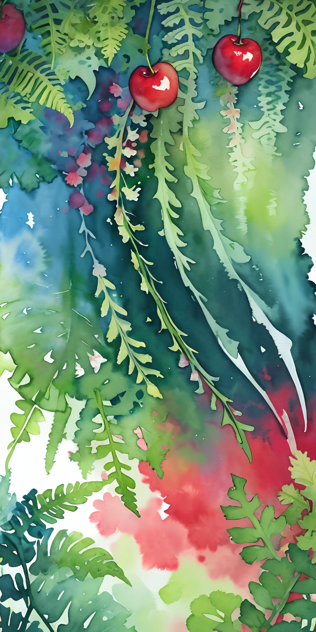 ((ultra - detailed),#3b4195 background,beautiful  flowers, cherries,fern,Foliage,Watercolor pattern in calm colors),(Watercolor texture), Beautiful flowers, cherries, ferns, Leaves, Watercolor pattern in calm colors), (Watercolor texture)