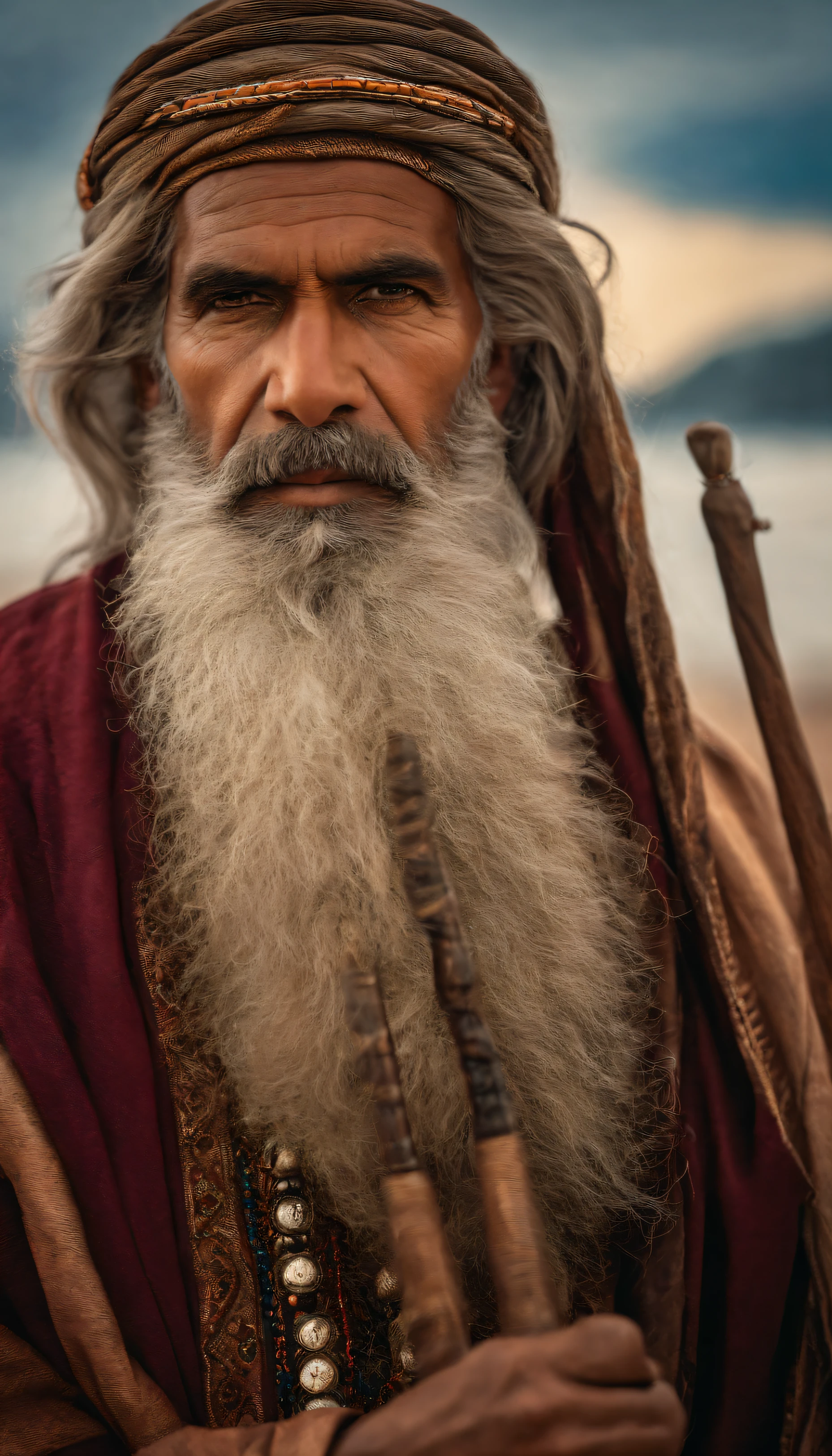 Abraham holding staff. Idoso.40 anos. Face of a wise man. cabelos e barba branca.