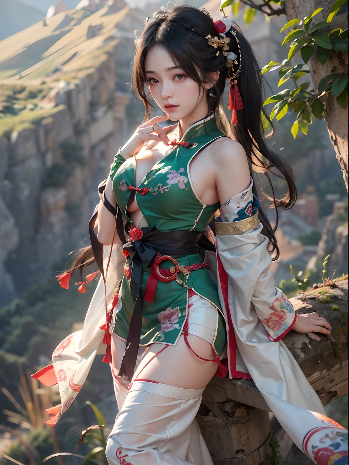 nsfw, 1girl, nude, (masterpiece: 1.4), (8K, realistic, raw photo, best quality: 1.4), skirtlift, standing on mountain top, nipple areola shape clear, beautiful breasts, Chinese girl, beautiful cute face, (real face: 1.4), perfect pussy, bottom_view, beautiful hairstyle, realistic brown eyes, beautiful detail eyes, (real skin: 1.3), beautiful skin, attractive, ultra high resolution, ultra realistic, cinematic lighting, black colored hair, long hair, twin ponytails, green ribbons, ancient China, Chinese mythology, dragon