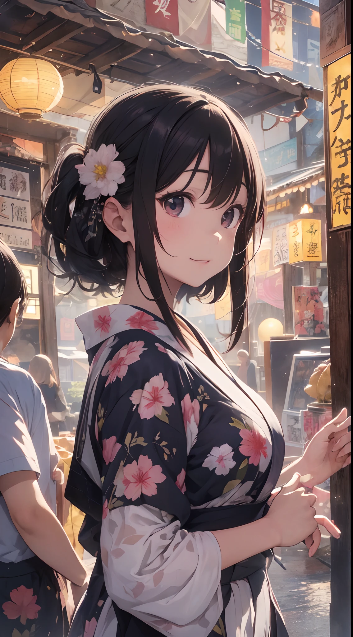 Quality improvement、hightquality、16Kwall-paper、Masterpiece、Meticulous portrayal、Detailed down to the smallest detail、intricate detailes、Backgrounds with depth、Three-dimensional background、Official Art、Best Illustration Award Winner、Effect with people standing out、The best rendition、人物:Two women and one man in yukata、Smiling and walking together、Women in colorful yukata with floral patterns and polka dots、Men wear dark blue yukata、There are also small items such as hair ornaments and lanterns Background:Fireworks are set off in the night sky、A lively summer festival with food stalls and lanterns、You can feel the atmosphere of crowds and festivals Impact:The color and shape of the fireworks are different々Eye-catching with、The facial expressions and poses of the people are fun and empathetic.、The details of the stalls and lanterns are detailed and realistic.、Beautiful contrast between light and shadow