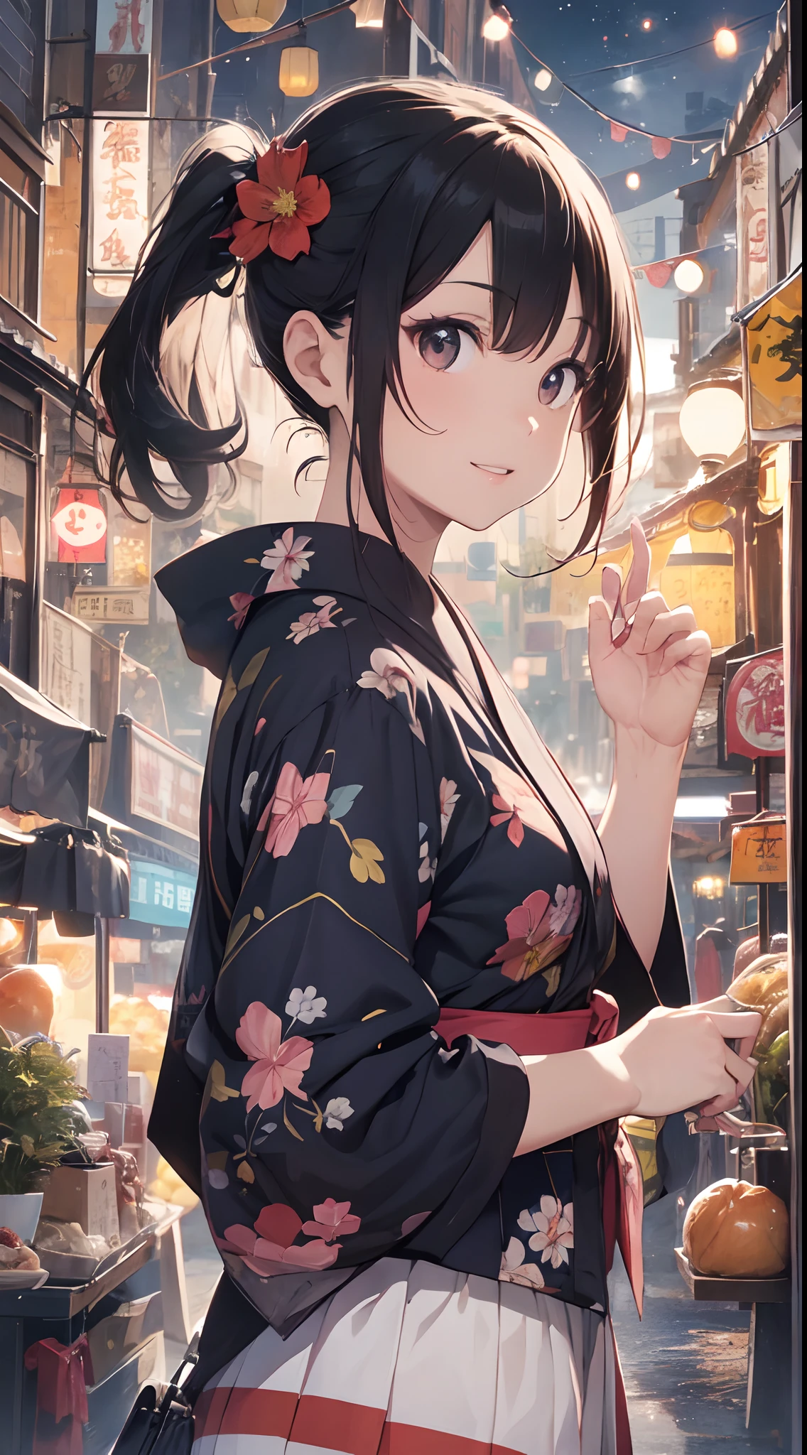 Quality improvement、hightquality、16Kwall-paper、Masterpiece、Meticulous portrayal、Detailed down to the smallest detail、intricate detailes、Backgrounds with depth、Three-dimensional background、Official Art、Best Illustration Award Winner、Effect with people standing out、The best rendition、人物:Two women and one man in yukata、Smiling and walking together、Women in colorful yukata with floral patterns and polka dots、Men wear dark blue yukata、There are also small items such as hair ornaments and lanterns Background:Fireworks are set off in the night sky、A lively summer festival with food stalls and lanterns、You can feel the atmosphere of crowds and festivals Impact:The color and shape of the fireworks are different々Eye-catching with、The facial expressions and poses of the people are fun and empathetic.、The details of the stalls and lanterns are detailed and realistic.、Beautiful contrast between light and shadow