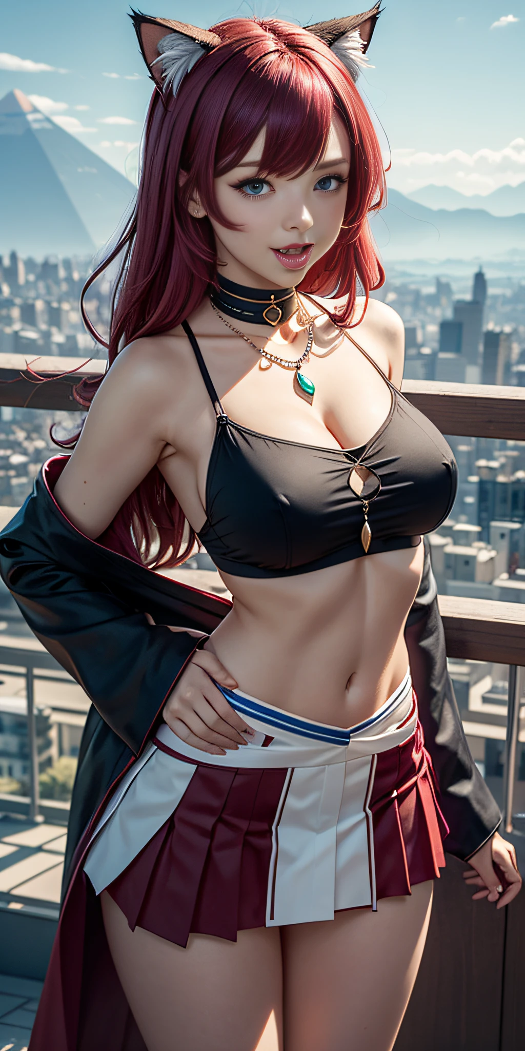 (only 1 woman)The character similar to Genshin Impact, an 18-year-old Swiss human woman, with magenta red hair, A beautiful and symmetrical face, happy and sticking out the tip of her tongue with cat ears instead of horns, as well as super horny and fiery, (with a short blue and white pleated miniskirt) Futuristic mountain clothing, with an Egyptian jewel necklace and an ornament on the right thigh, with a city background