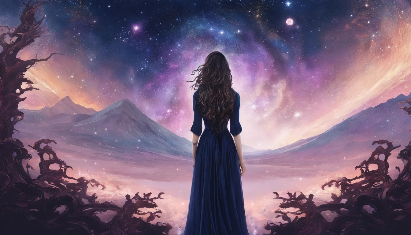 stars, space, nebula, open space, galaxy, blue and purple tones, space opera, greatness, eternity, calm, woman in long black dress, long golden hair, blue eyes, high details, masterpiece, finely detailed beautiful eyes, high contrast, (natural skin texture, hyperrealism, soft light, sharp), elegant