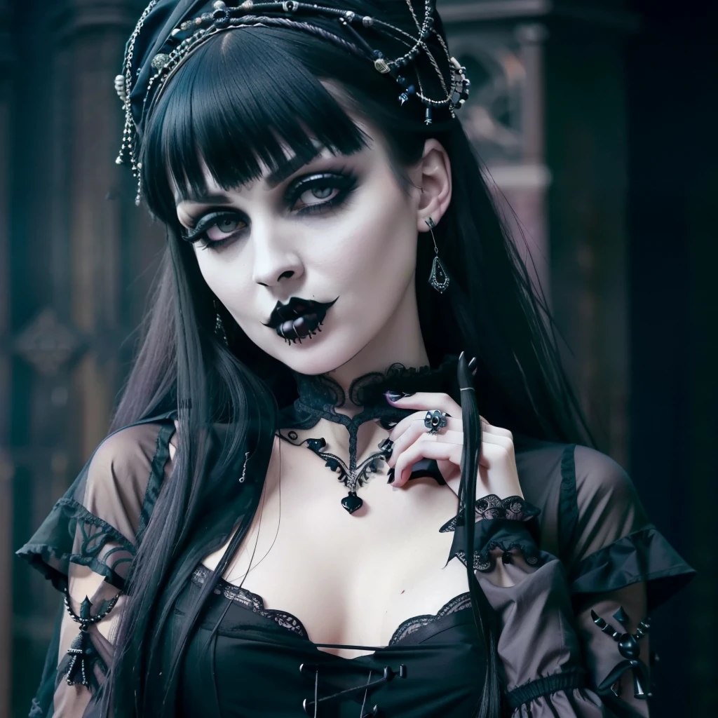 Official Art, Unity 8k wallpaper, ultra-detailed, beautiful, beautiful, ((New Goth gal:1.4)), masterpiece, best quality, dark, atmospheric, mystical, romantic, creepy, literature, art, fashion, victorian, decoration, intricate, lace, contemplation, emotional depth, supernatural, 1 girl, solo, hip, black lipstick, close up shot, round face