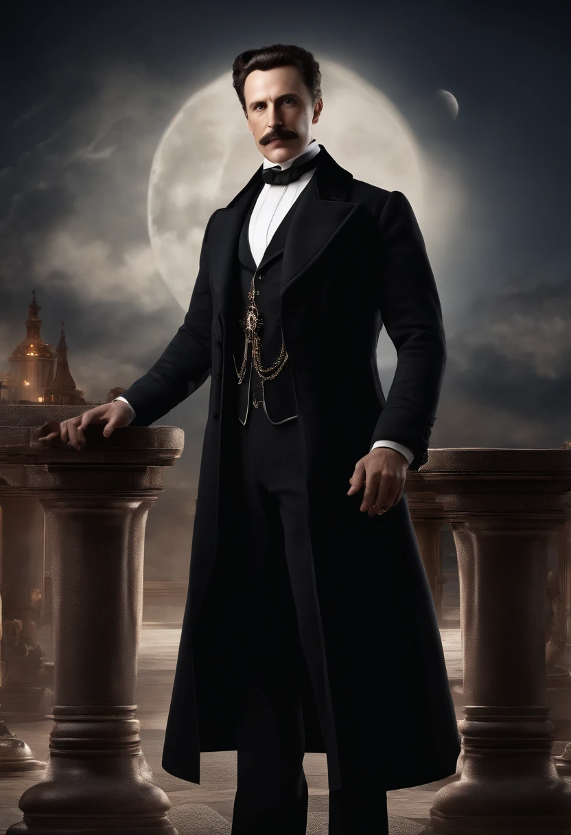 Nicola Tesla, epic pose, realistic epic, photo-realistic, intricate, smooth, sharp focus, illustration, Unreal Engine, 3D, DnD, in the style of realistic and hyper-detailed renderings, epic, dramatic, fantastical, intricate design and details, dramatic lighting, hyperrealism, photorealistic, cinematic, 8K, Dramatic photo, epic photo