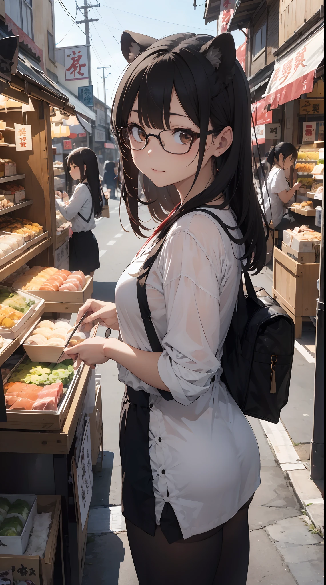 Illustration depicting Tanuki girl selling Inari sushi。She wears a black suit and a white shirt.、My hair is golden bobbed hair.。Her ears and tail are those of a raccoon.、Glasses on the face。She has a food stall in the shopping street.、The sign says「Handmade Inari Sushi」It is written that。Her expression was kind and sincere.、Talking to customers。Unaware that what she sells is the skin of her friend's fox。There are people and shops in the background.、You can feel the lively atmosphere