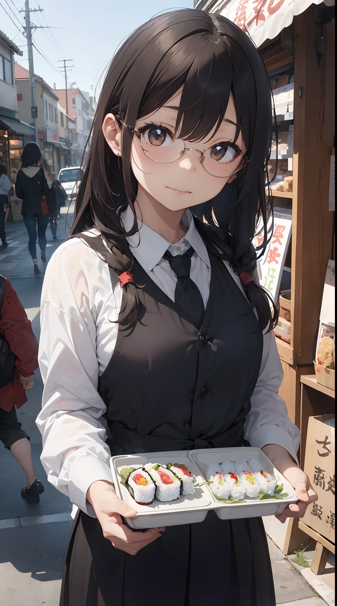 Illustration depicting Tanuki girl selling Inari sushi。She wears a black suit and a white shirt.、My hair is golden bobbed hair.。Her ears and tail are those of a raccoon.、Glasses on the face。She has a food stall in the shopping street.、The sign says「Handmade Inari Sushi」It is written that。Her expression was kind and sincere.、Talking to customers。Unaware that what she sells is the skin of her friend's fox。There are people and shops in the background.、You can feel the lively atmosphere