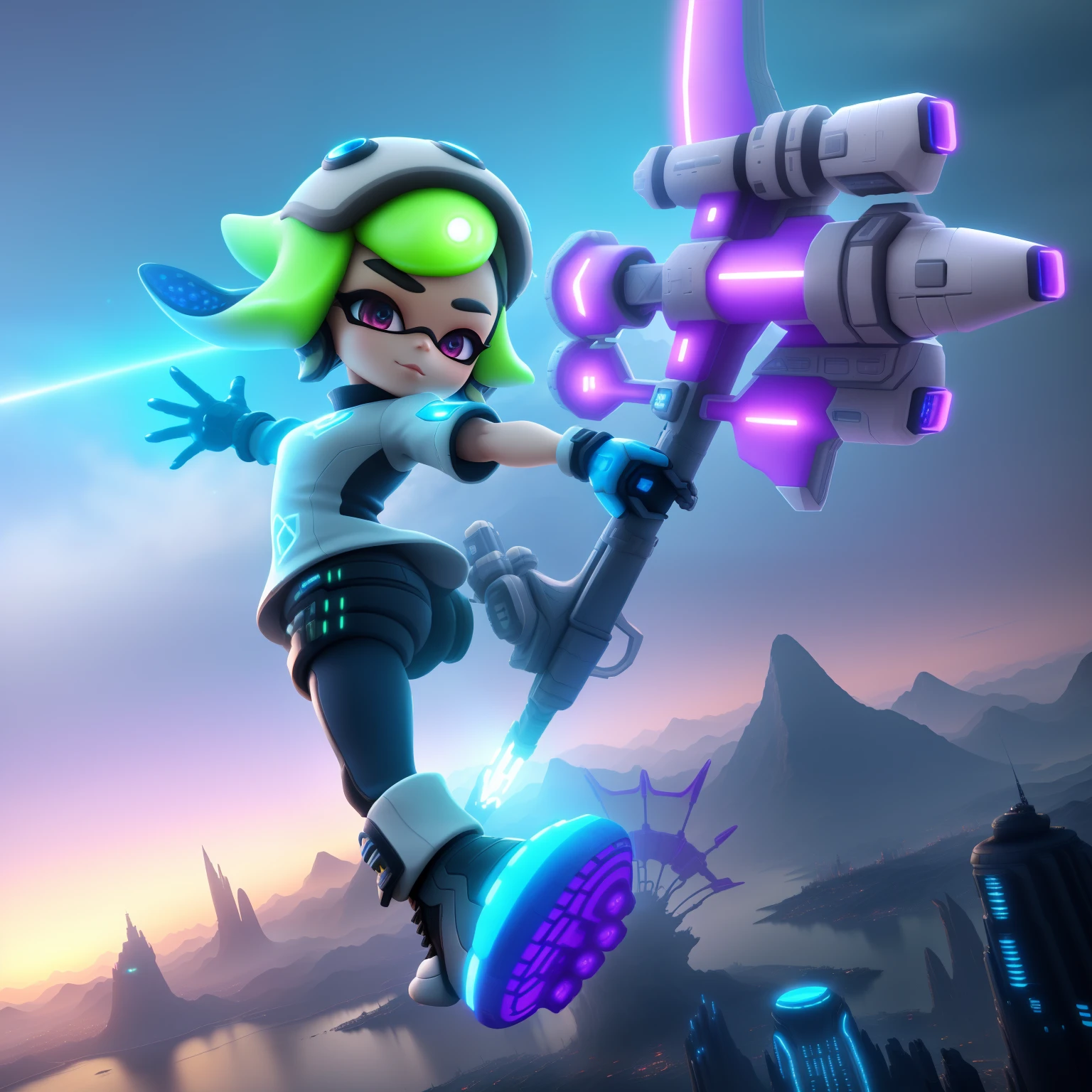 Futuristic city, Fantasy, 23rd century, England, mountainscape、Splatoon、3D Graphics、unrealengine、hiquality、ighly detailed、Holding the bow with the left hand