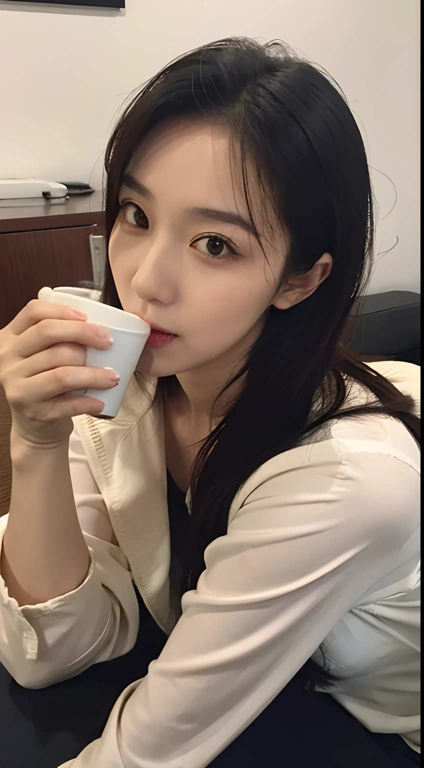 4K，high qulity，secretary，At the office，drinking a coffee，
