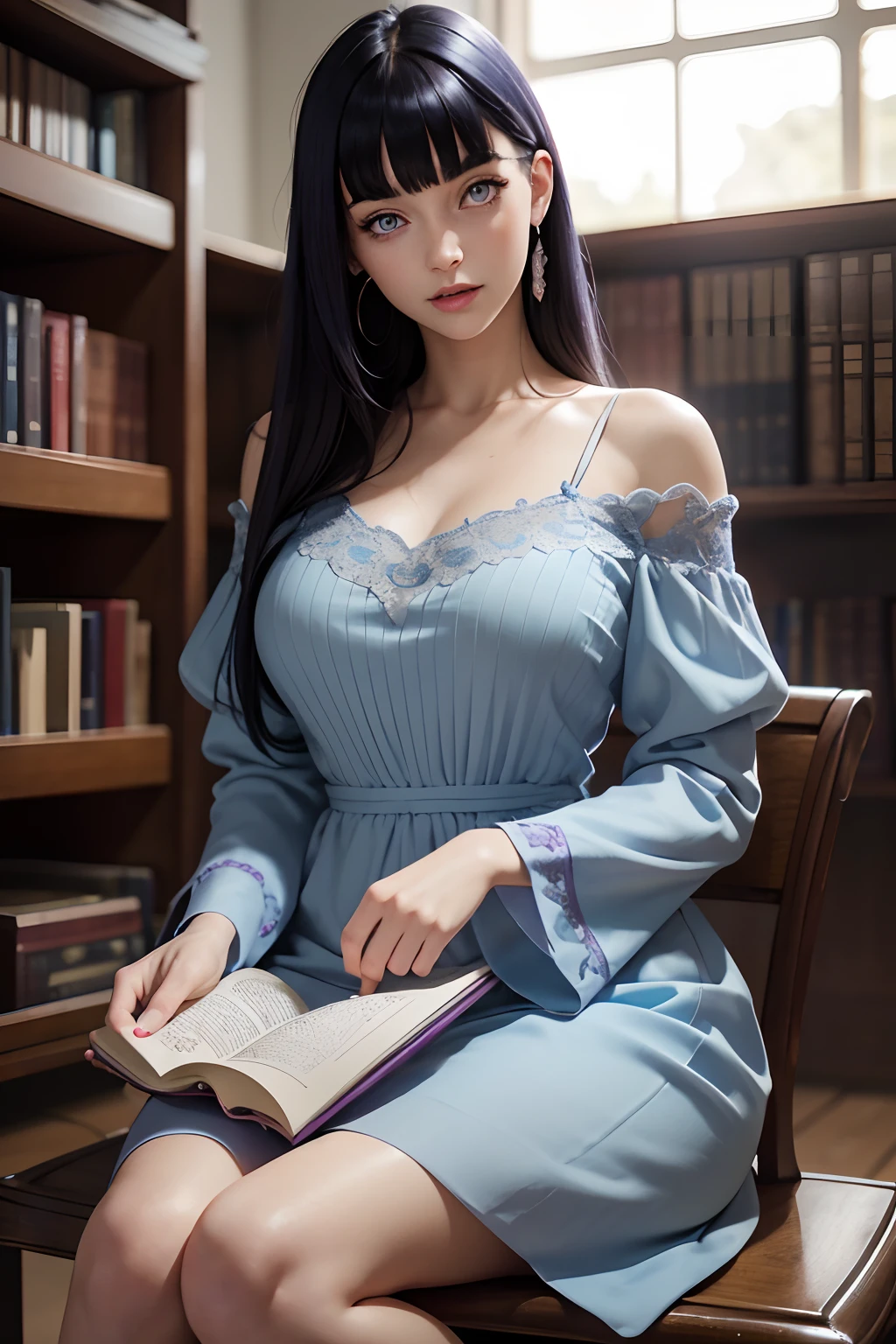 fantastic realism, bokeh, 1girl (30 years old), sitting in a library, reading, purple eyes, light blue dress, straight dark blue  hair, nsfw, beautifully detailed woman, beautifully detailed mouth, extremely detailed eyes and face, beautiful detailed eyes, Blunt Bangs