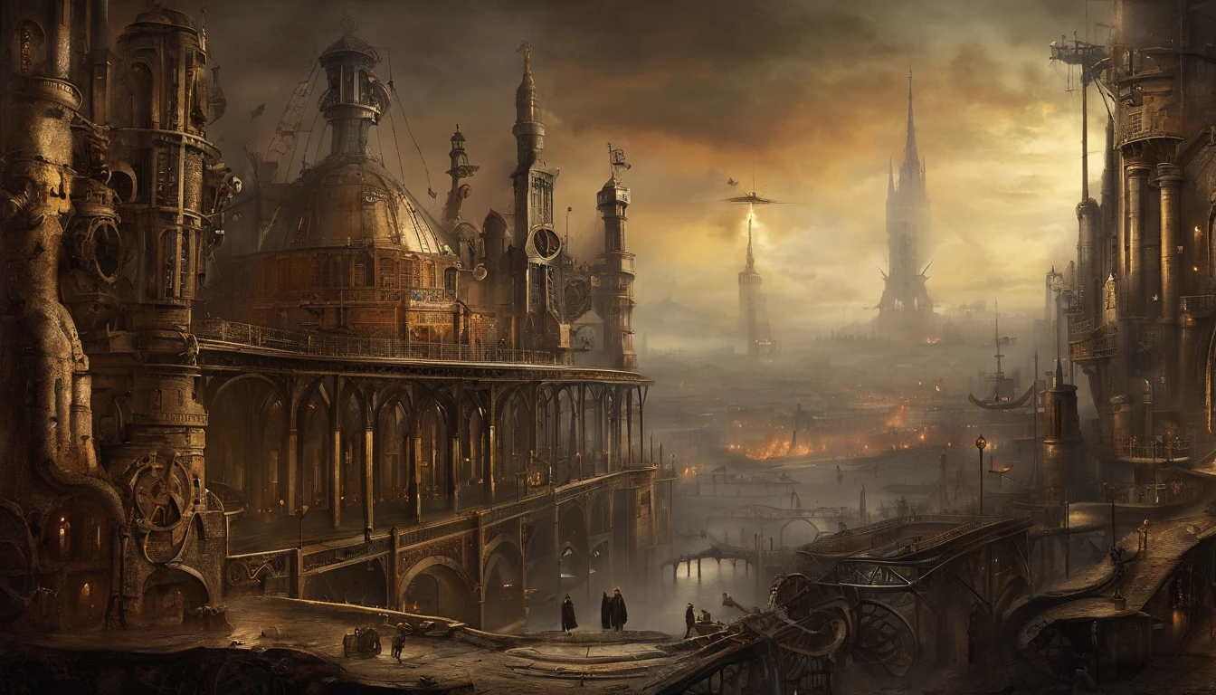 (dieselpunk), desolate dark world ,city scape, (satanic latex nuns) ,apocalyptic surroundings, hellfire ,((evil cathedrals)), airship cannon’s fire a cross city ,survivor watches from glass viewing port