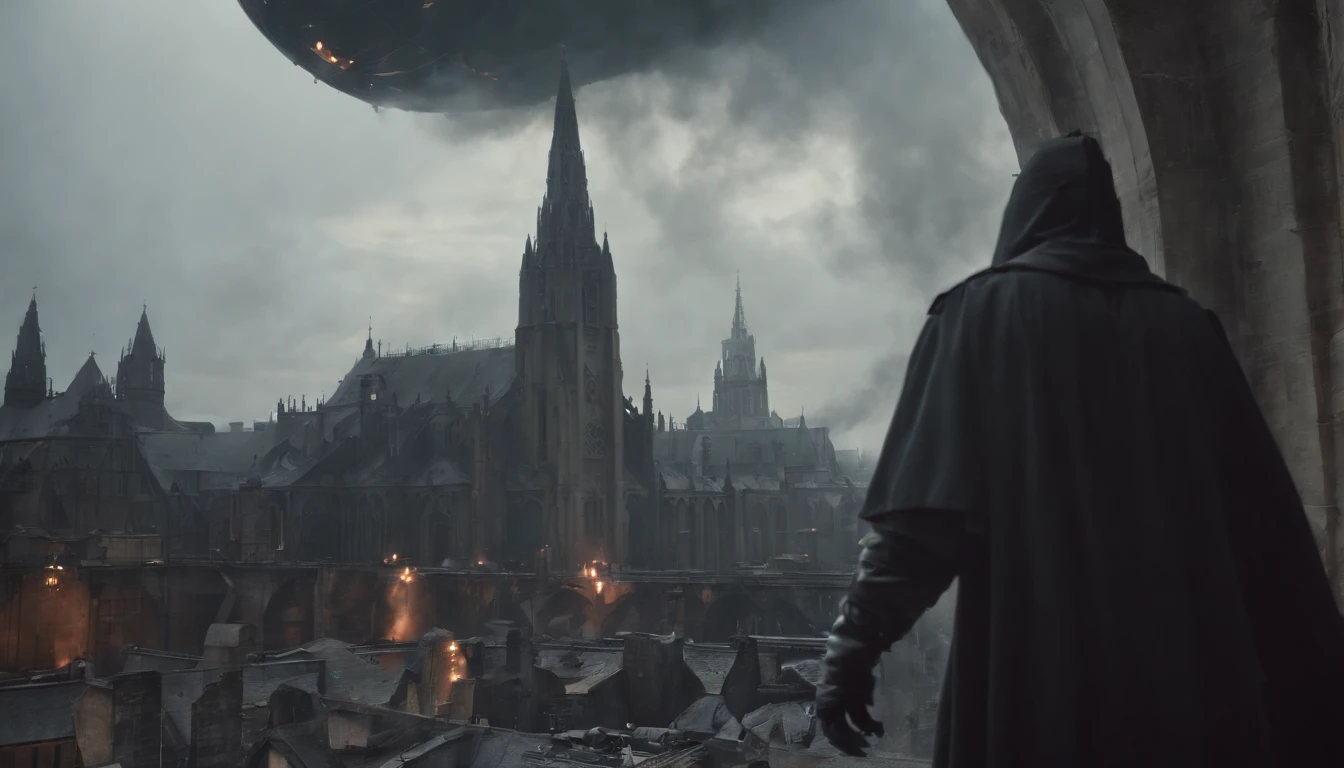 (dieselpunk), desolate dark world ,city scape, (satanic latex nuns) ,apocalyptic surroundings, hellfire ,((evil cathedrals)), airship cannon’s fire a cross city ,survivor watches from glass viewing port
