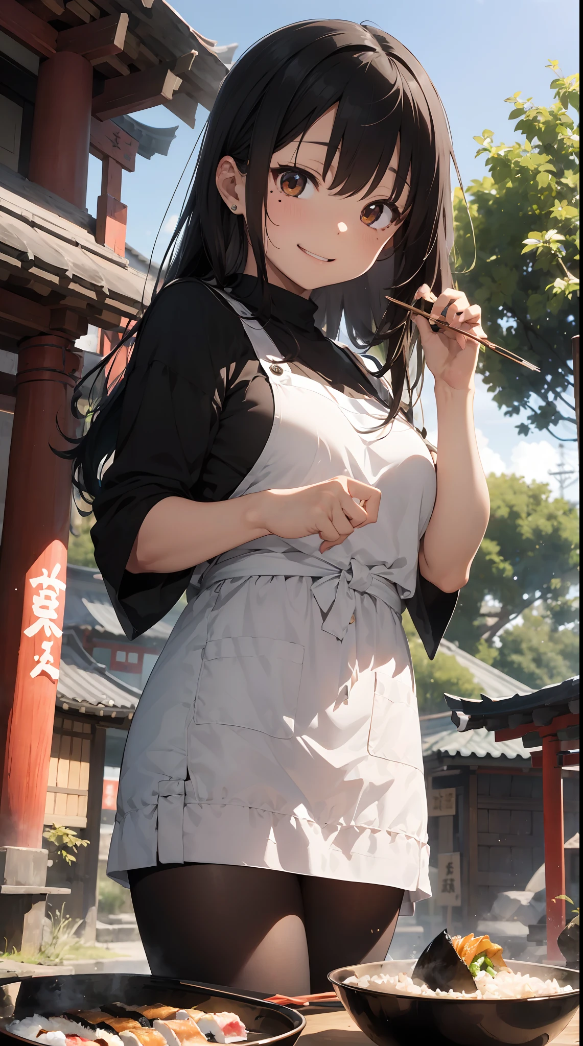 Illustration depicting Tanuki Musume making Inari sushi。She wears brown fur and a white apron、She has long black hair.。Her ears and tail are those of a raccoon.、there are moles on the face。She is cooking inari sushi ingredients in the kitchen.、The pot contains fried tofu and rice.。Her expression is happy and smiling.、Unaware that what she makes is made from the skins of her fellow foxes.。There are shrines and torii gates in the background.、Make you feel the wrath of the Inari god