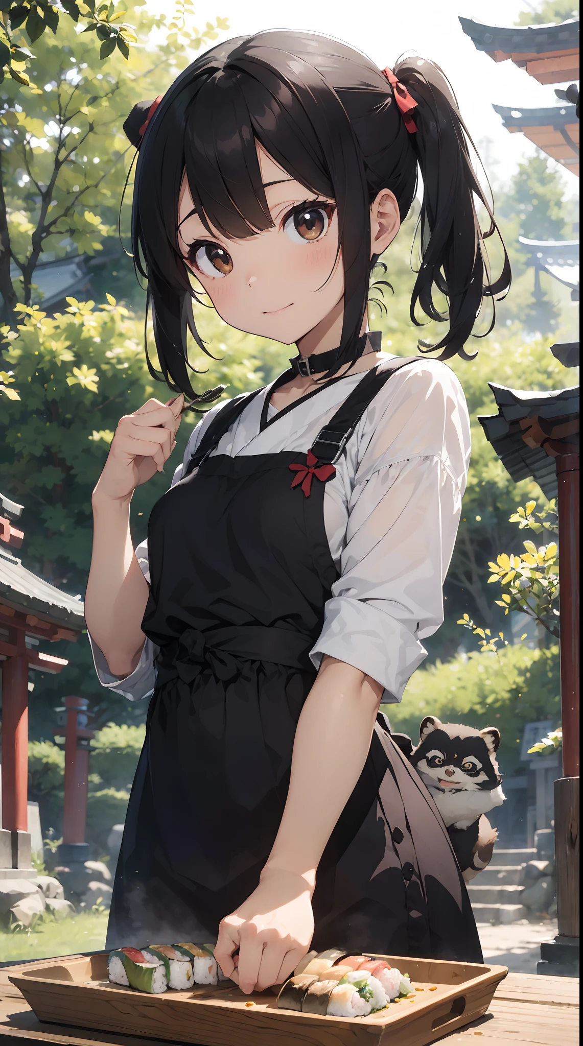 This illustration is、It depicts a tanuki girl making sushi while she is in the forest.。and we are waiting for you with satisfaction、I have one Inari sushi in my hand。
The background is、In a small shrine in the forest、There are stone lanterns and torii gates.。 however、The source of the discomfort of this illustration is、Tanuki Musume is making「Inari Sushi」itself is。It is food offered to God.、Because Tanuki Musume herself is a servant of that god。
To emphasize this discomfort、Behind the Tanuki Girl、A small stone statue of the god Inari is depicted as smiling。 「What joke is this?」 Let's see。
The Inari sushi that Tanuki Musume holds in her hand is、Sorry is depicted in detail。