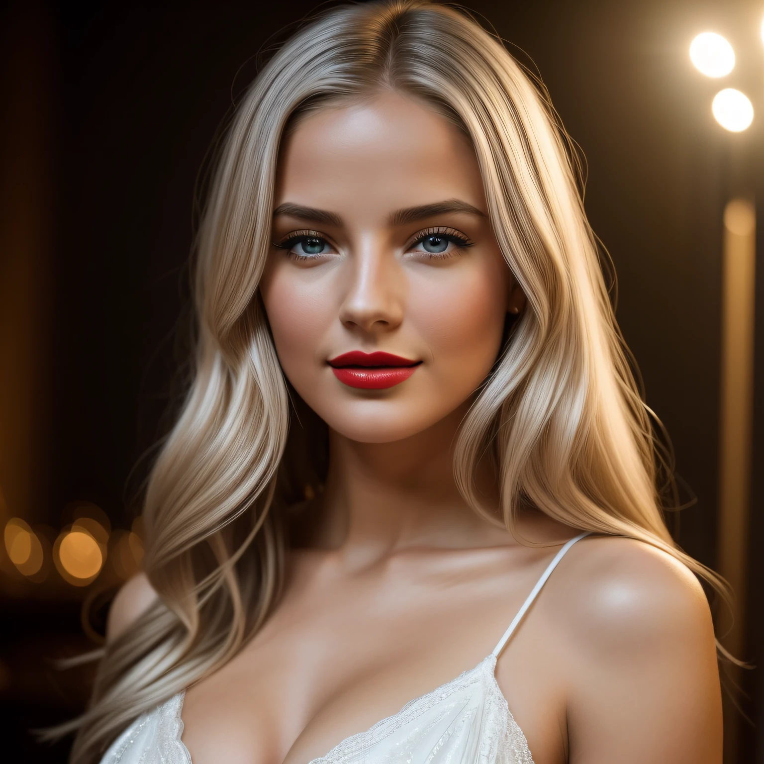 Photo de jeune et belle femme, blonde hair that gently falls in waves up to the shoulders, Taille moyenne, Grands yeux gris, peau claire, Elle est en pyjama, Elle est dans un club, boite de nuit, faire des soins de la peau, Elle fait un geste invitant, The environment is illuminated by warm and pleasant colored lights that make your hair shine, Votre visage est naturellement serein, lips with red lipstick, Texture 8K, highly detailed, Realstic, soft cinematic light, Hdr, Mise au point nette, Masterpiece, photoreallistic, award-winning photograph, Canon EOS R5, 35 mm