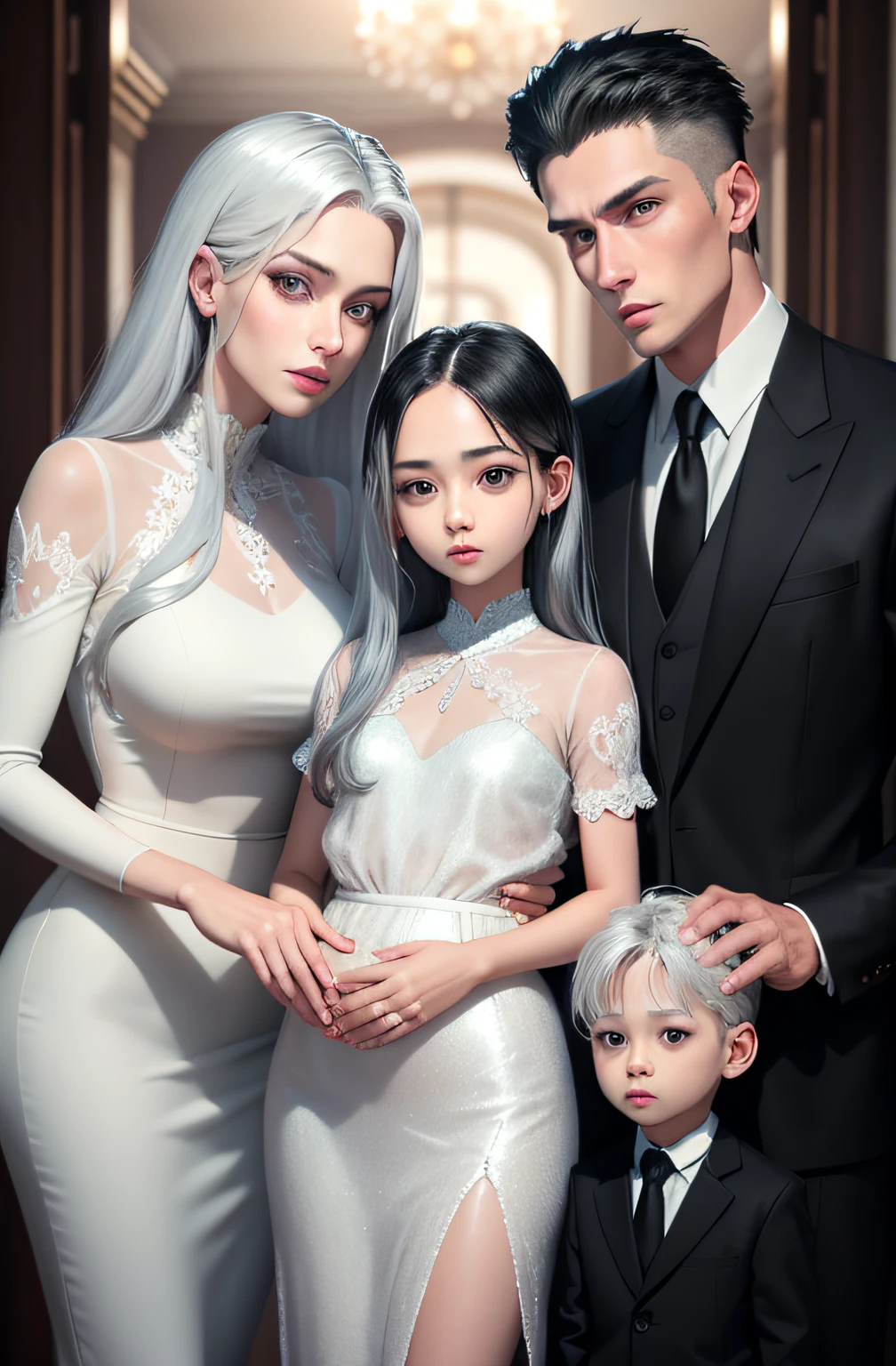 [[3 people]] 3 people, family, royal, elegant, handsome, children, detailed, 4k, mother and father, son, beautiful family, detailed eyes, beautiful hair, handsome man, beautiful woman like an angel, good mother -fine, hot dad, beautiful kids, cool parents, kids, girls, boys, mom with silver hair, dad with black hair