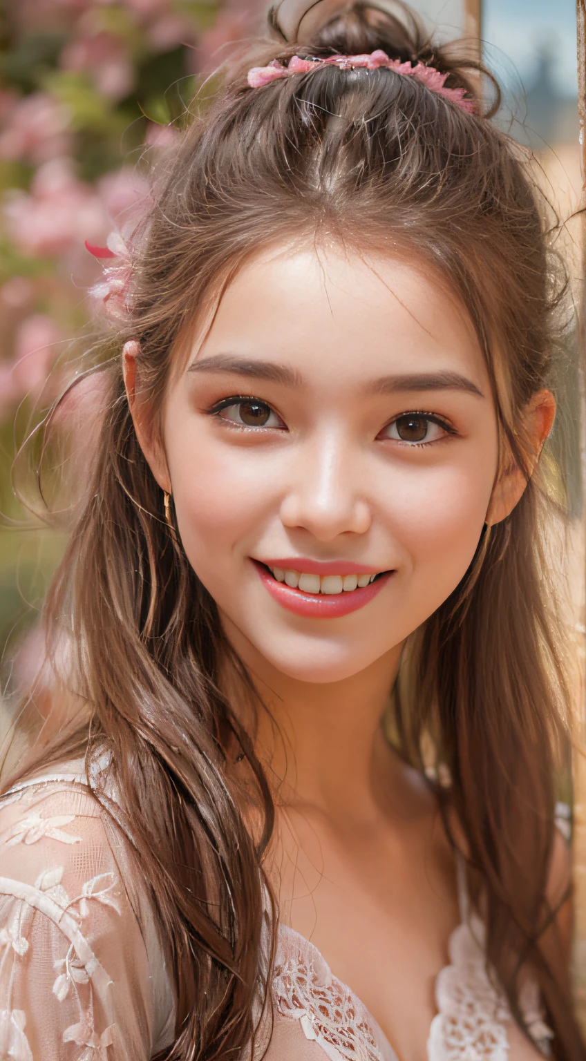 (best quality,realistic:1.37),1girl, 18 years old,beautiful detailed eyes,beautiful detailed lips,extremely detailed face,white skinned, happy face,long eyelashes,brown hair in a ponytail,light and delicate pink blush,looking directly at the viewer,sparkling eyes,happy smile,portrait style,soft lighting,natural background,France,Versailles garden,peaceful atmosphere,vibrant colors,medium format painting, happy smile, lingerie
