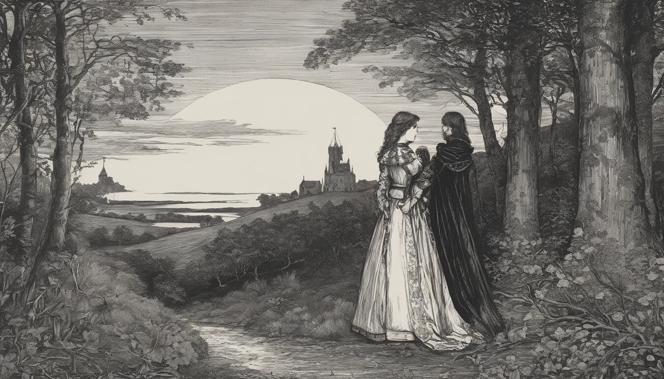 John Everett Millais, Pre-Raphaelites, knight, lady, medieval, banner, wind, sword