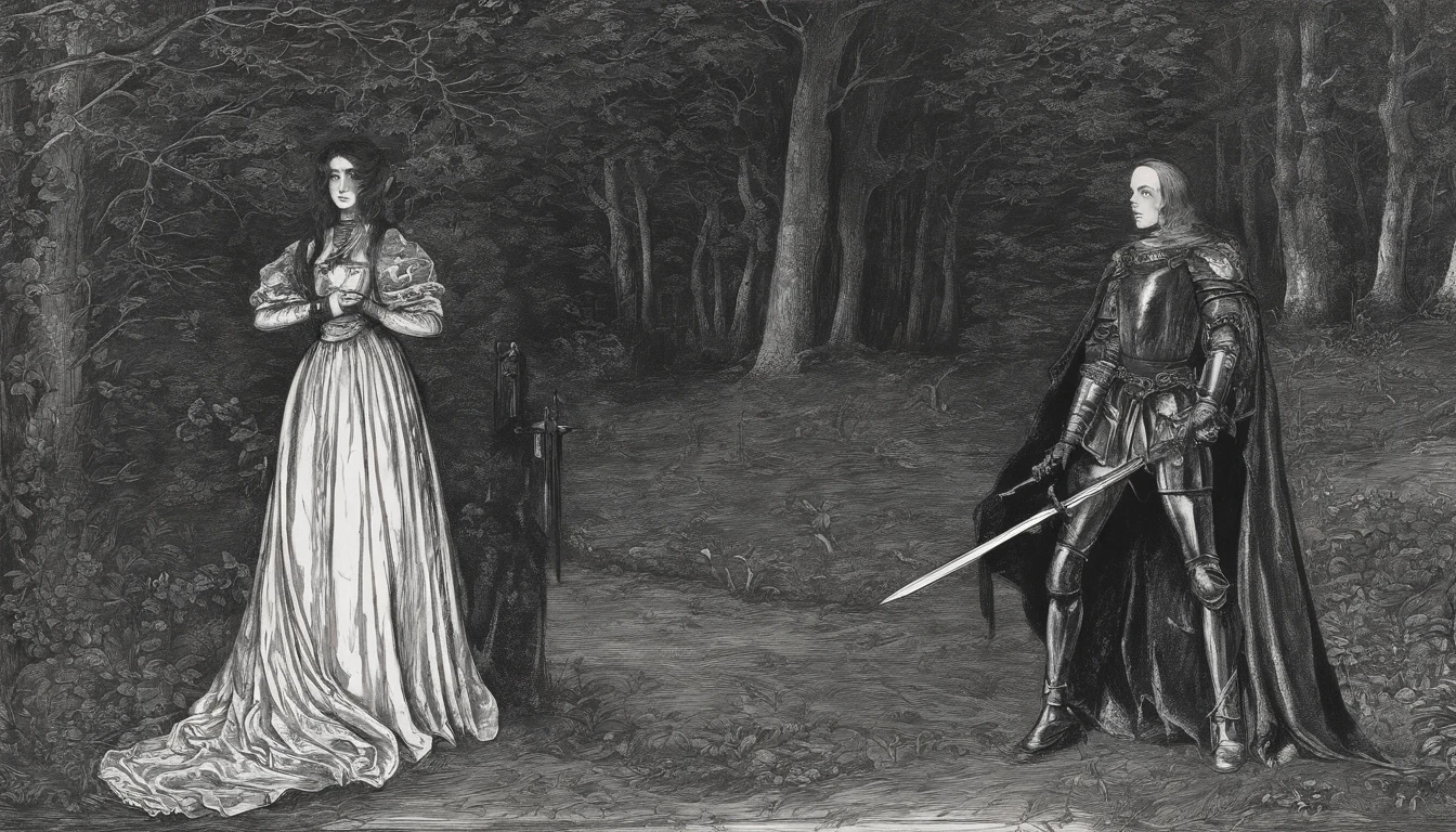 John Everett Millais, Pre-Raphaelites, knight, lady, medieval, banner, wind, sword