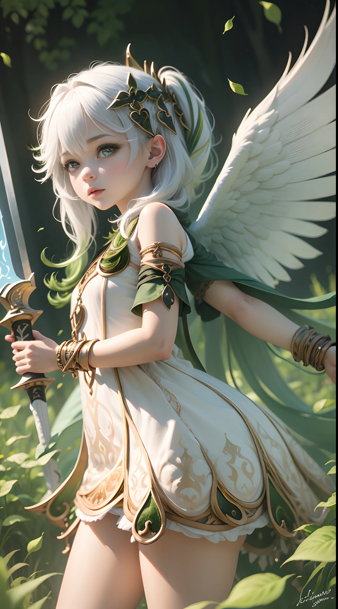 +1 angel, white wing, colorful hair, colorful clothing, Angel Sword