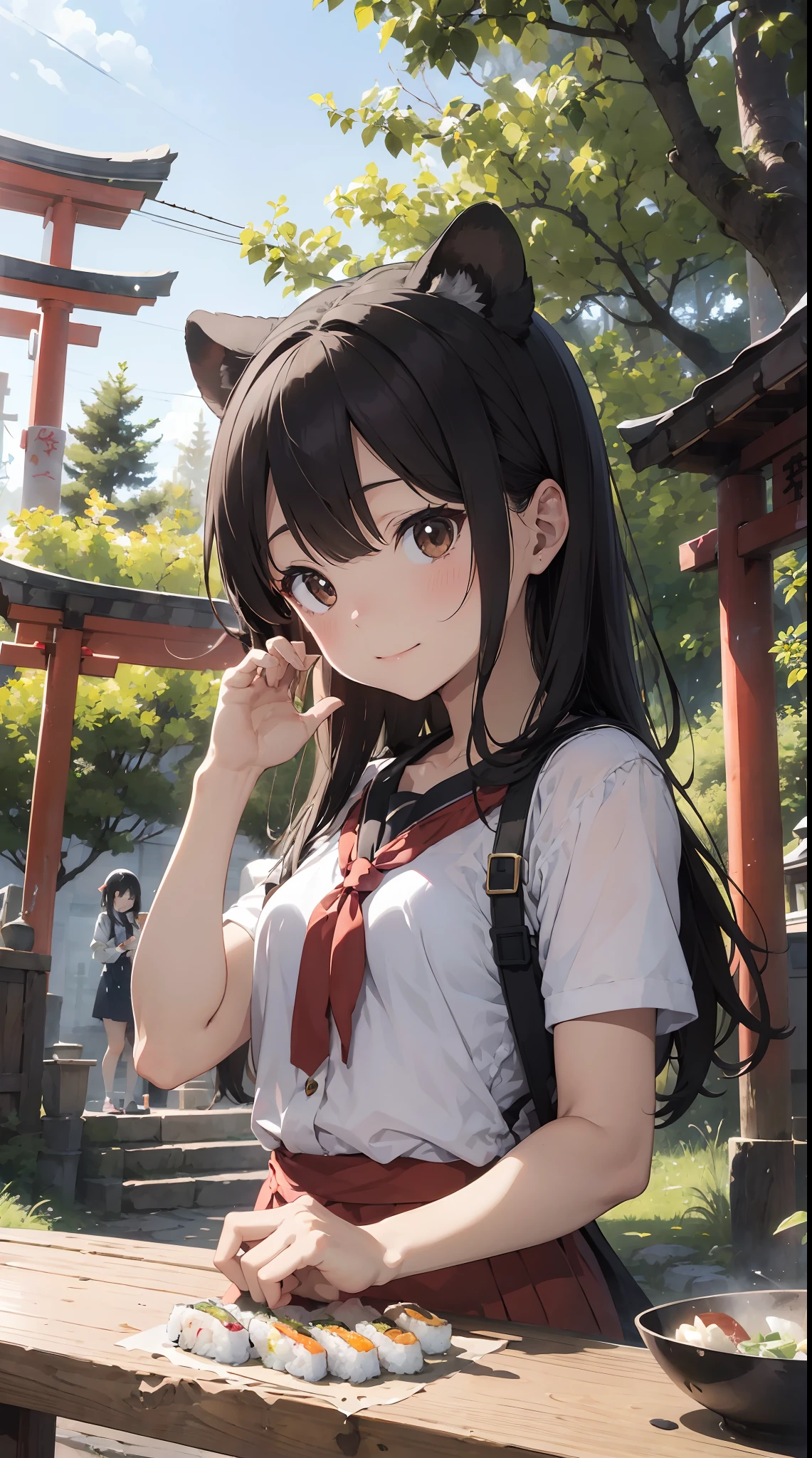 This illustration is、It depicts a tanuki girl making sushi while she is in the forest.。and we are waiting for you with satisfaction、I have one Inari sushi in my hand。
The background is、In a small shrine in the forest、There are stone lanterns and torii gates.。 however、The source of the discomfort of this illustration is、Tanuki Musume is making「Inari Sushi」itself is。It is food offered to God.、Because Tanuki Musume herself is a servant of that god。
To emphasize this discomfort、Behind the Tanuki Girl、A small stone statue of the god Inari is depicted as smiling。 「What joke is this?」 Let's see。
The Inari sushi that Tanuki Musume holds in her hand is、Sorry is depicted in detail。