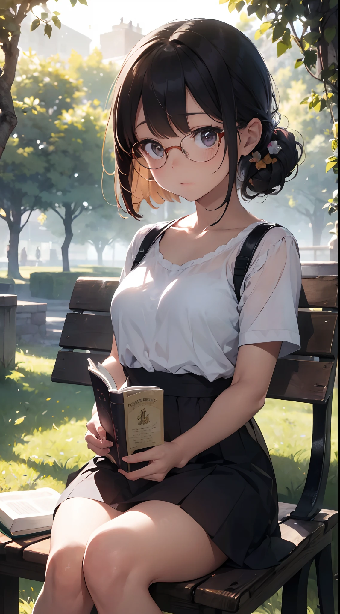 Superb Illustration, Masterpiece, Super High Quality, Super High Quality, Quality Improvement, Realistic, Girl, Solo, Princess, Beautifully captured moment of a princess reading a book in a corner of a court park, wearing glasses. She is seated on a luxurious Gothic bench, an old ornate cover in her hand, her expression filled with concentration and relief, as if she is completely immersed in the world, so to speak.
In the background, there are no tall, overgrown trees or long, beautifully manicured flowerbeds. The light envelops the scene.
Of particular note are the reflections of the sunlight through the trees onto the princess's glasses and their pages. The sun is reflected in the princess's glasses, repeating the magical moment when the story she is reading intersects with the real world.
The illustration captures the beauty of the sunlight filtering through the trees and the serene moment it creates in endless detail and emotion.