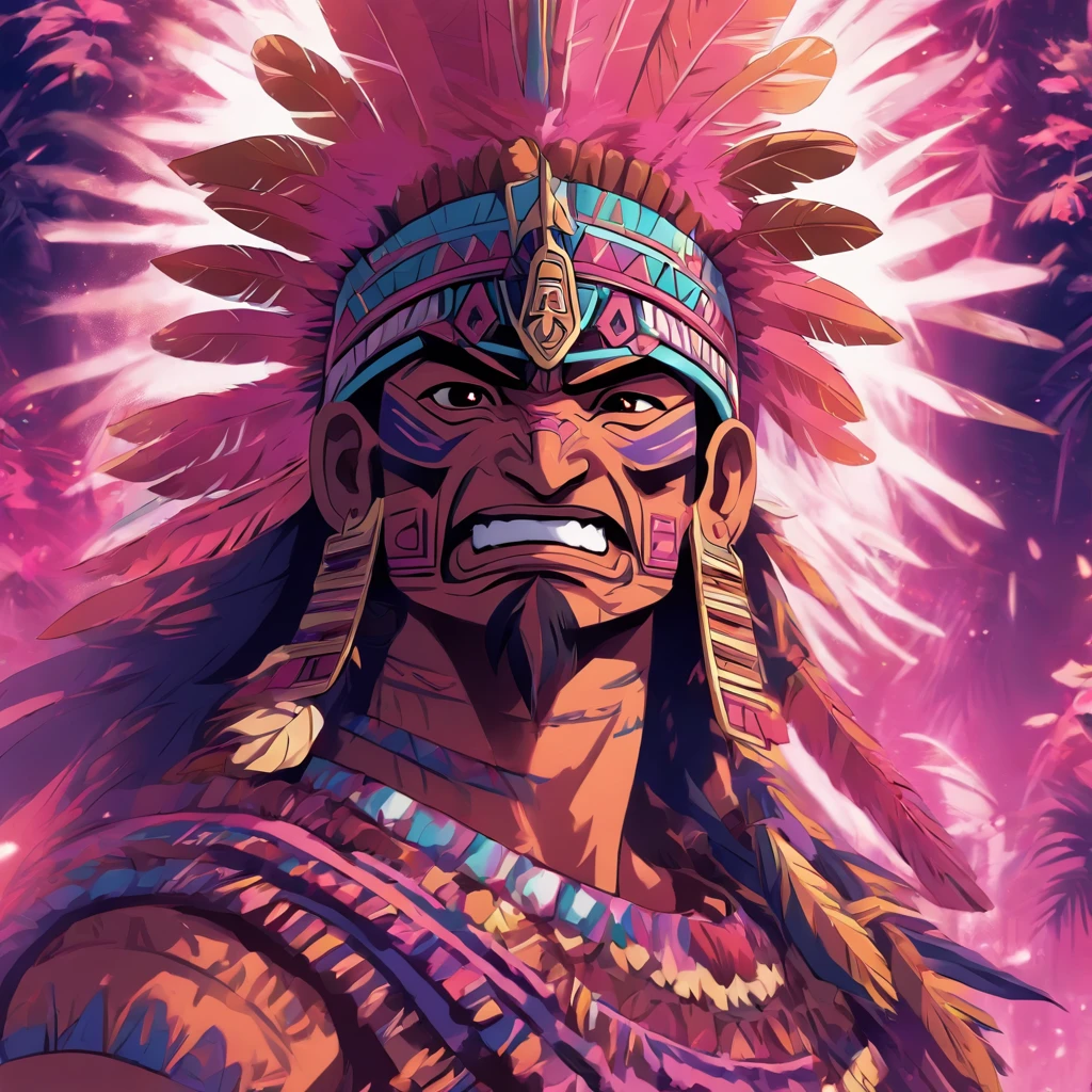 Aztec Warrior, colors are pale pink pink and violet, Amakumo Fruit, island, masterpiece, best quality