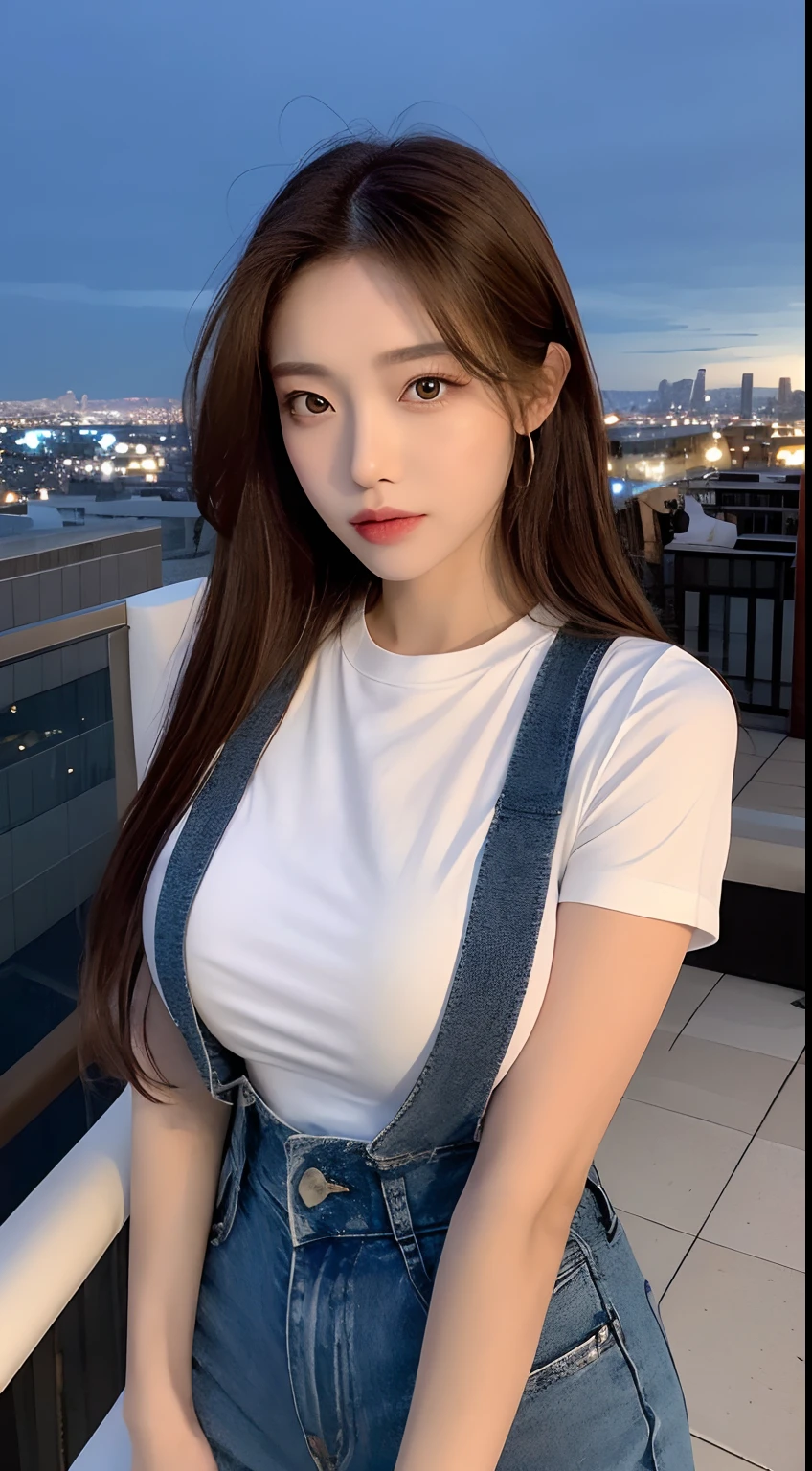 ((Midnight, Best quality, 8k, Masterpiece :1.3)), Whole body, Long legs, Sharp focus :1.2, A pretty woman with perfect figure :1.4, Slender abs :1.1, ((Dark brown hair, Big breasts :1.2)), (White tight tshirt, Jean bib, Standing:1.2), ((Night city view, Rooftop:1.3)), Highly detailed face and skin texture, Detailed eyes, Double eyelid