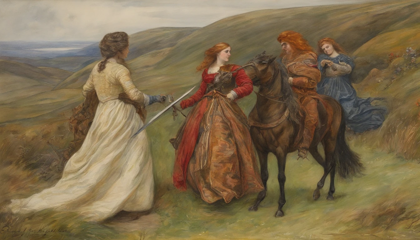 John Everett Millais, Pre-Raphaelites, knight, lady, medieval, banner, wind, sword