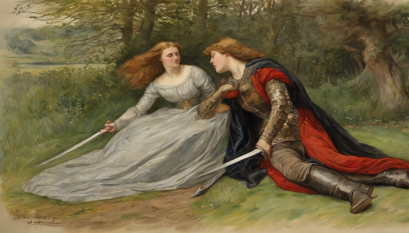 John Everett Millais, Pre-Raphaelites, knight, lady, medieval, banner, wind, sword